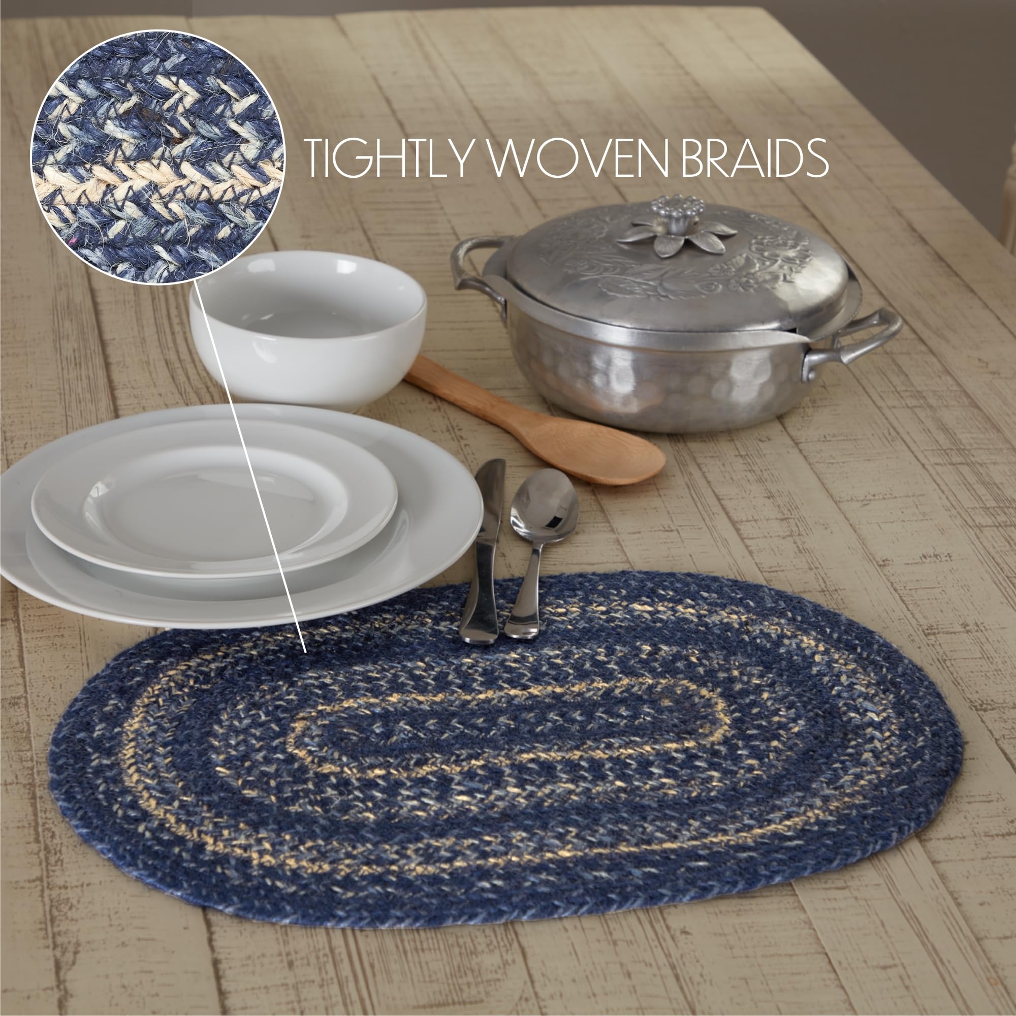 Vhc Brands Farmhouse Great Falls Blue Table Placemat, Blue White, Jute Blend, Oval, 12X18 Inches