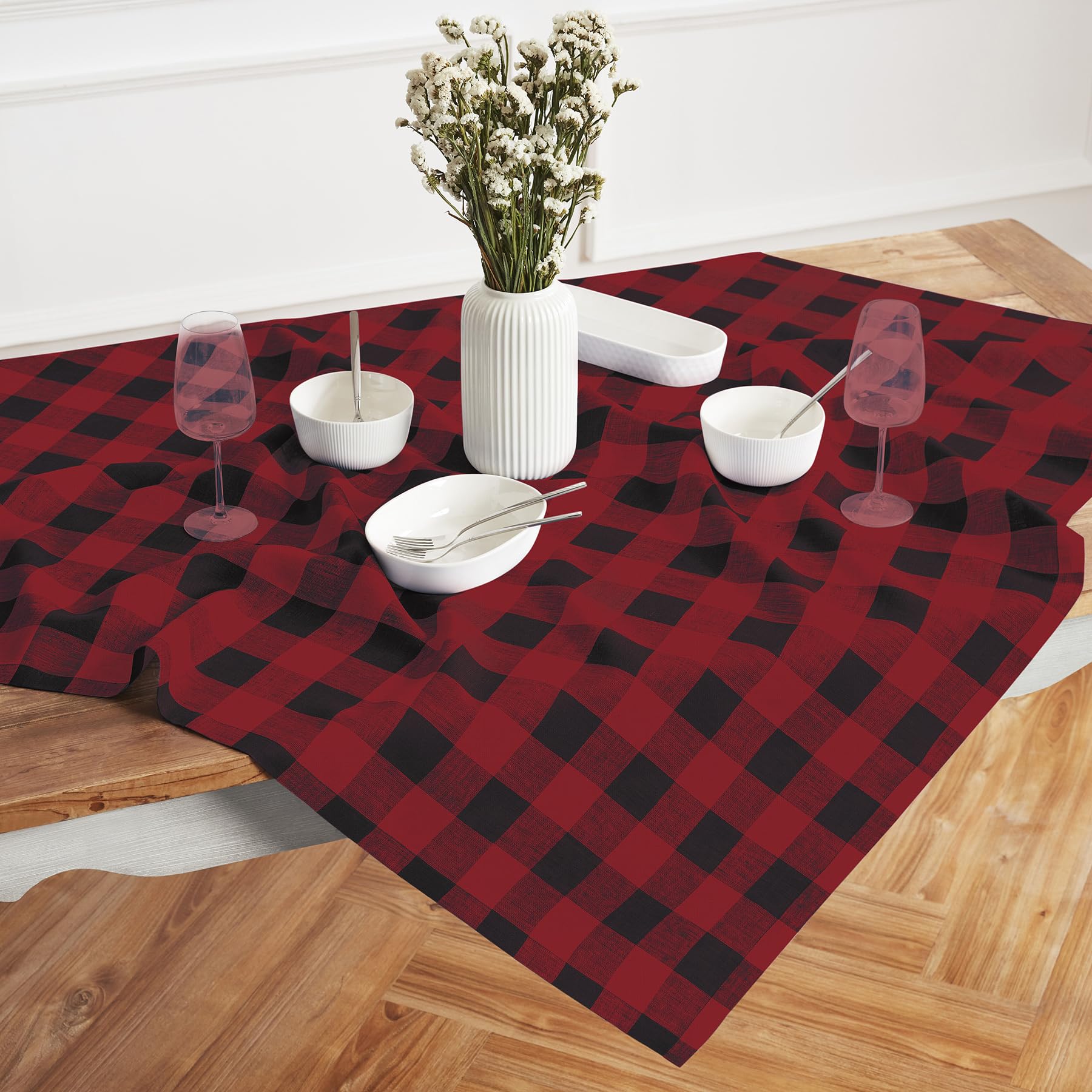 Solino Home Buffalo Check Linen Square Tablecloth 52 X 52 Inch - 100% Pure Linen Red And Black Plaid Table Throw - Machine Washa