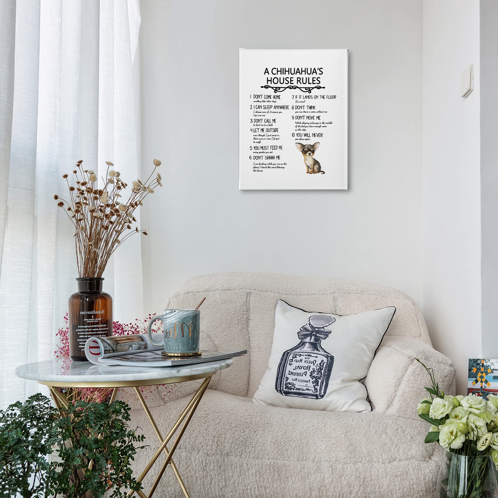 Phamte A Chihuahuas House Rules Wall Art, Funny Chihuahua Dog Quote Print Framed Canvas Painting Artwork Home Bedroom Living Roo