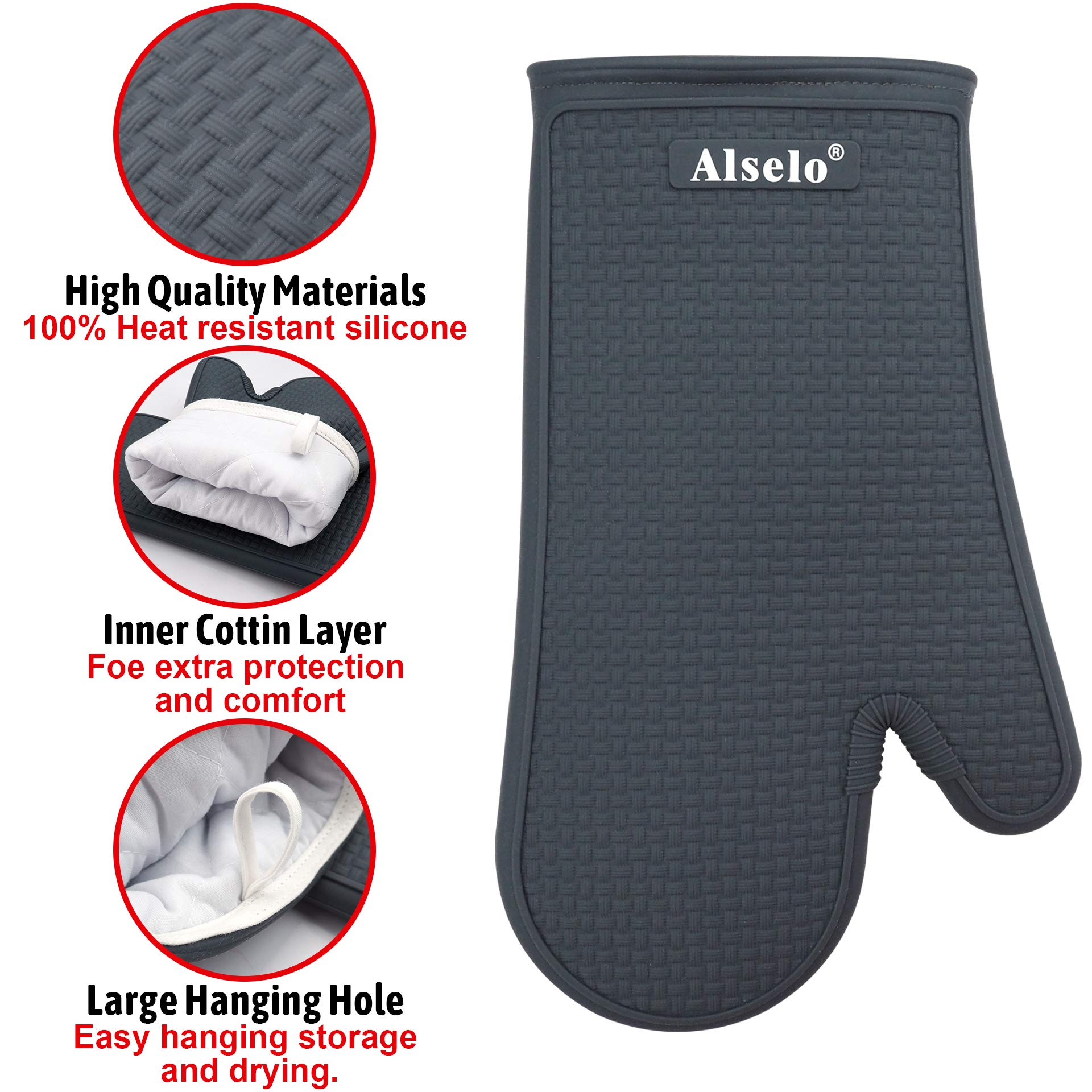 Alselo Oven Mitts Heat Resistant Silicone Kitchen Gloves For 550 Degrees With Waterproof And Non-Silp, Set Of 2 Oven Gloves For