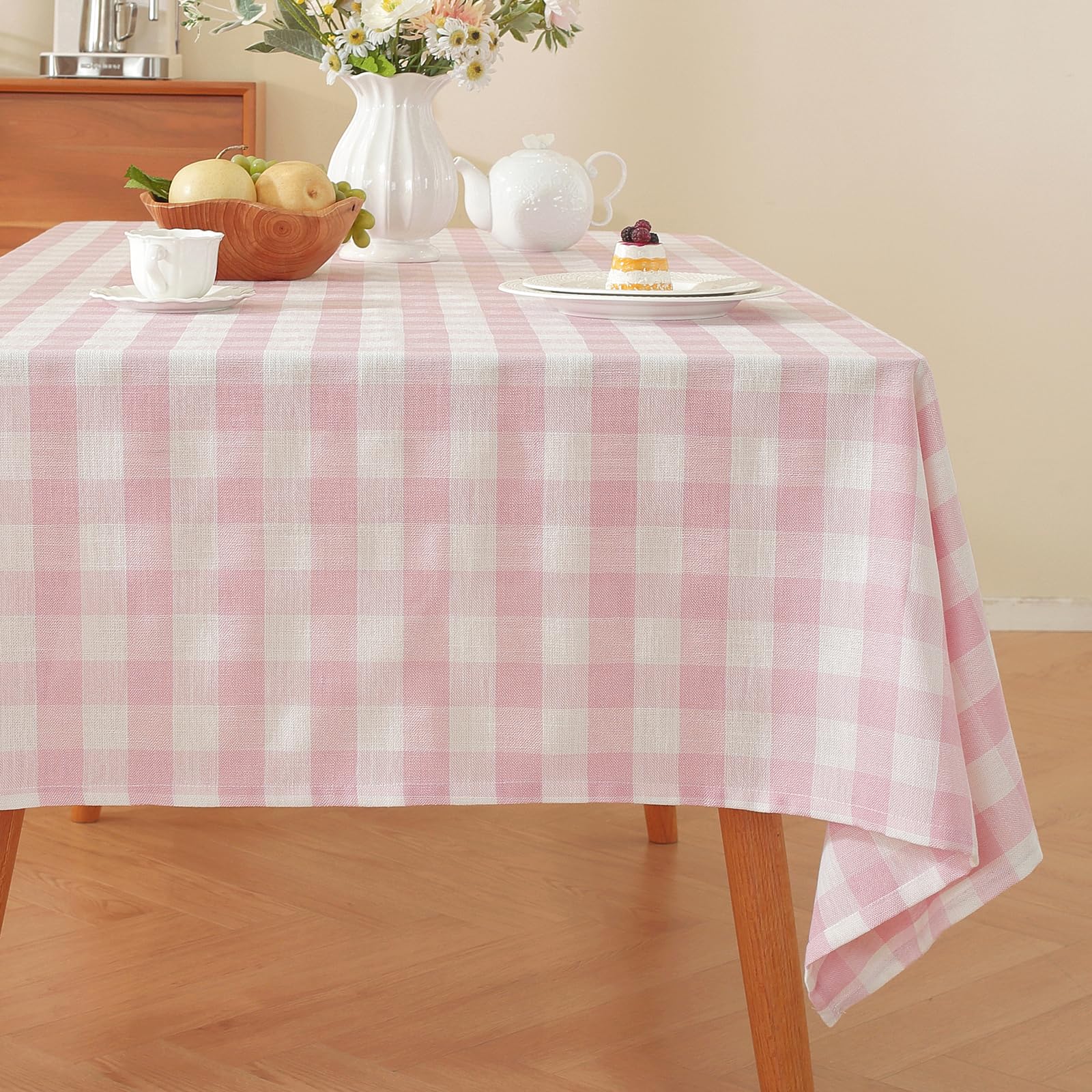 Alsoo Valentines Pink Gingham Tablecloth Rectangle Checkered Table Cloth Cotton Linen Fabric Wrinkle Free Washable Buffalo Plaid