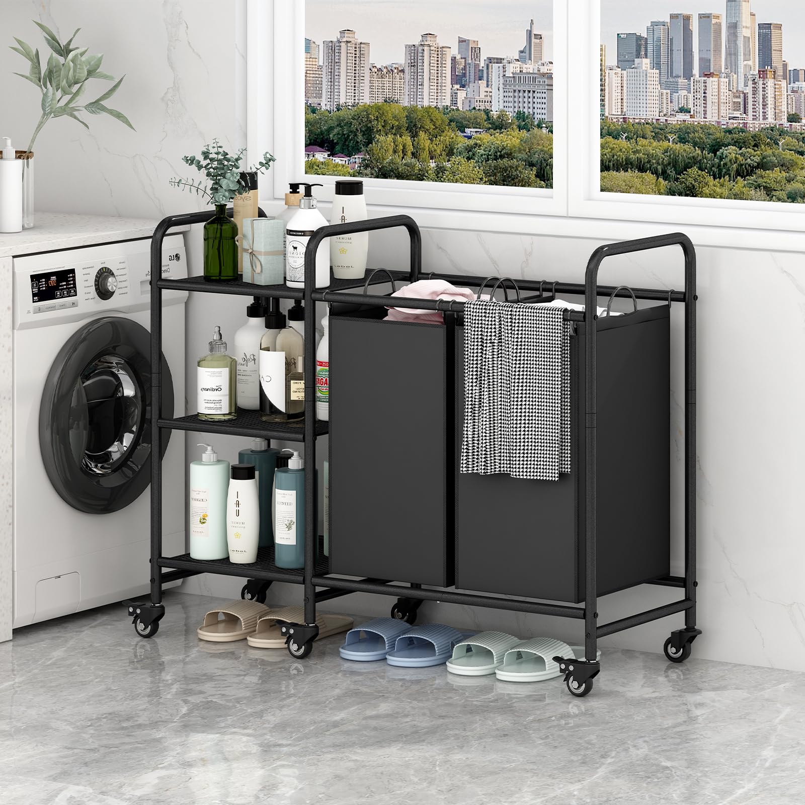 Linzinar 2 Bag Laundry Basket Sorter Cart With Storage Shelf Laundry Hamper With Rolling Wheels For Clothes Storage Laundry Orga