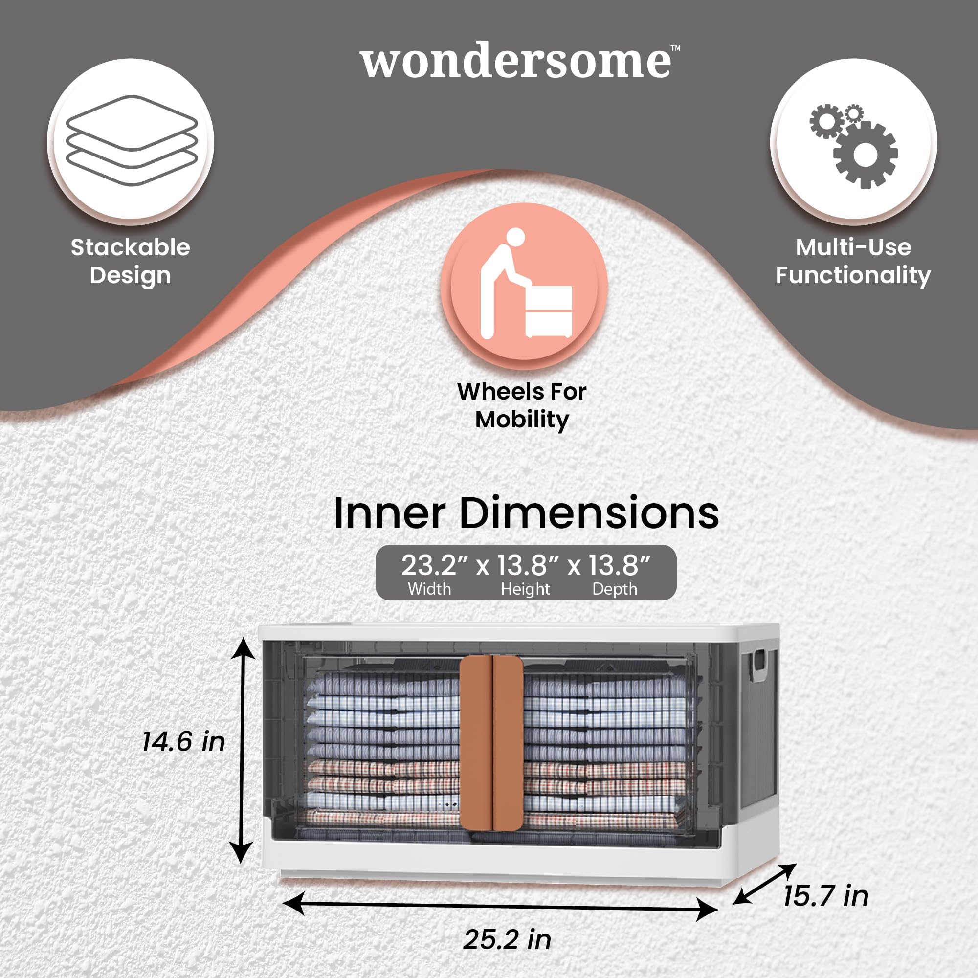 Wondersome Collapsible Storage Bins - 6-Pack Of Extra-Large 19-Gallon/76-Quart Stackable Wheeled Clothing, Shoe, Bedroom, Office