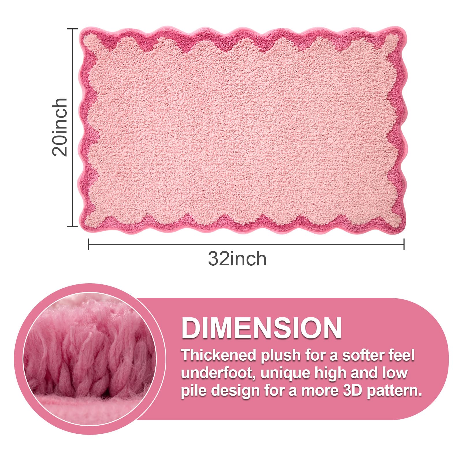 Ortigia Cute Pink Scalloped Bath Mat, Fun Plush Microfiber Scallop Bathroom Rugs Non Slip Washable Quick Dry Absorbent, Bathmat