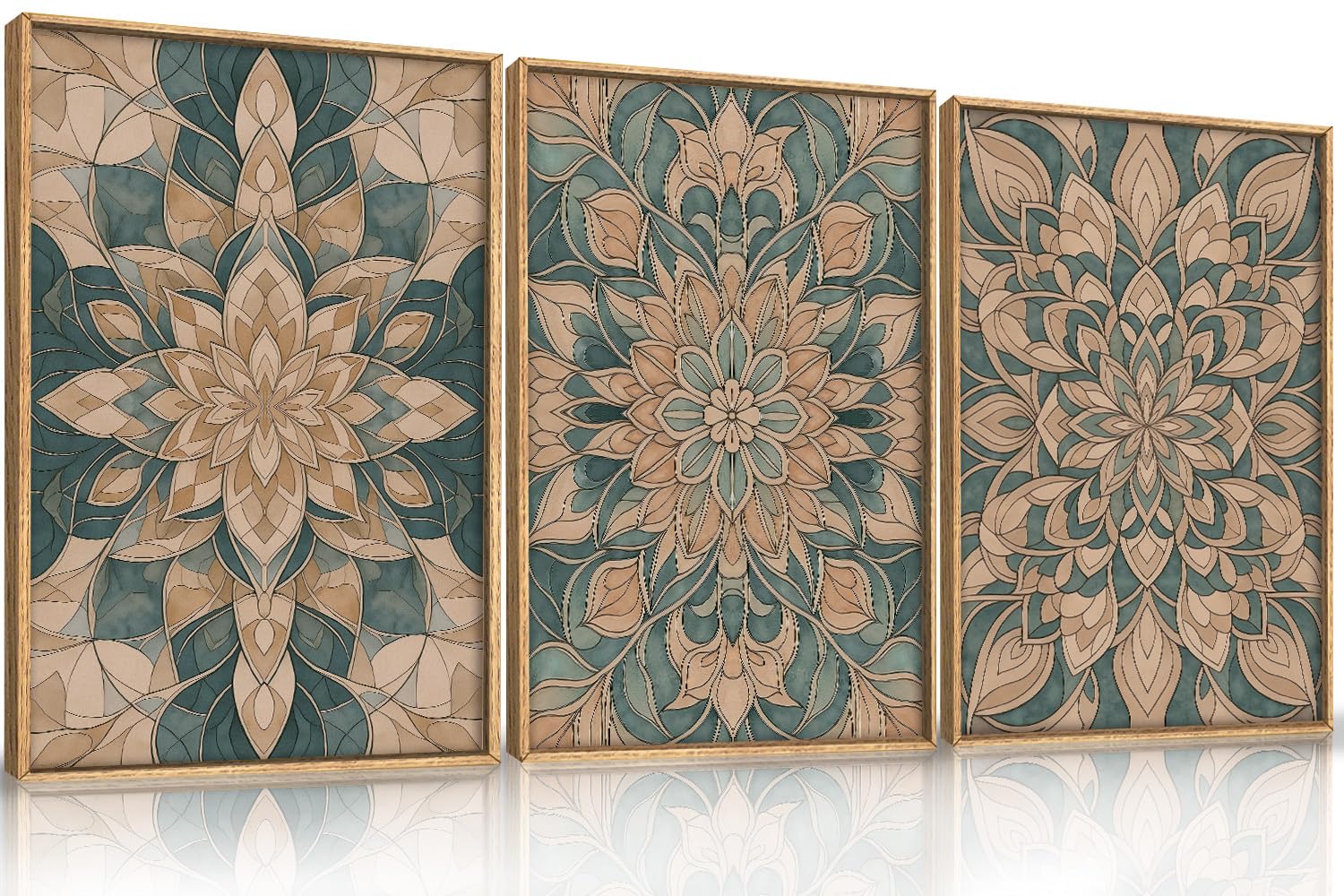 HLNIUC Mandala Flower Wall Art Set of 3, Green Scandinavian Botanical Framed Wall Decor(16x24),Norwegian Folk Art Canvas, Bohemi