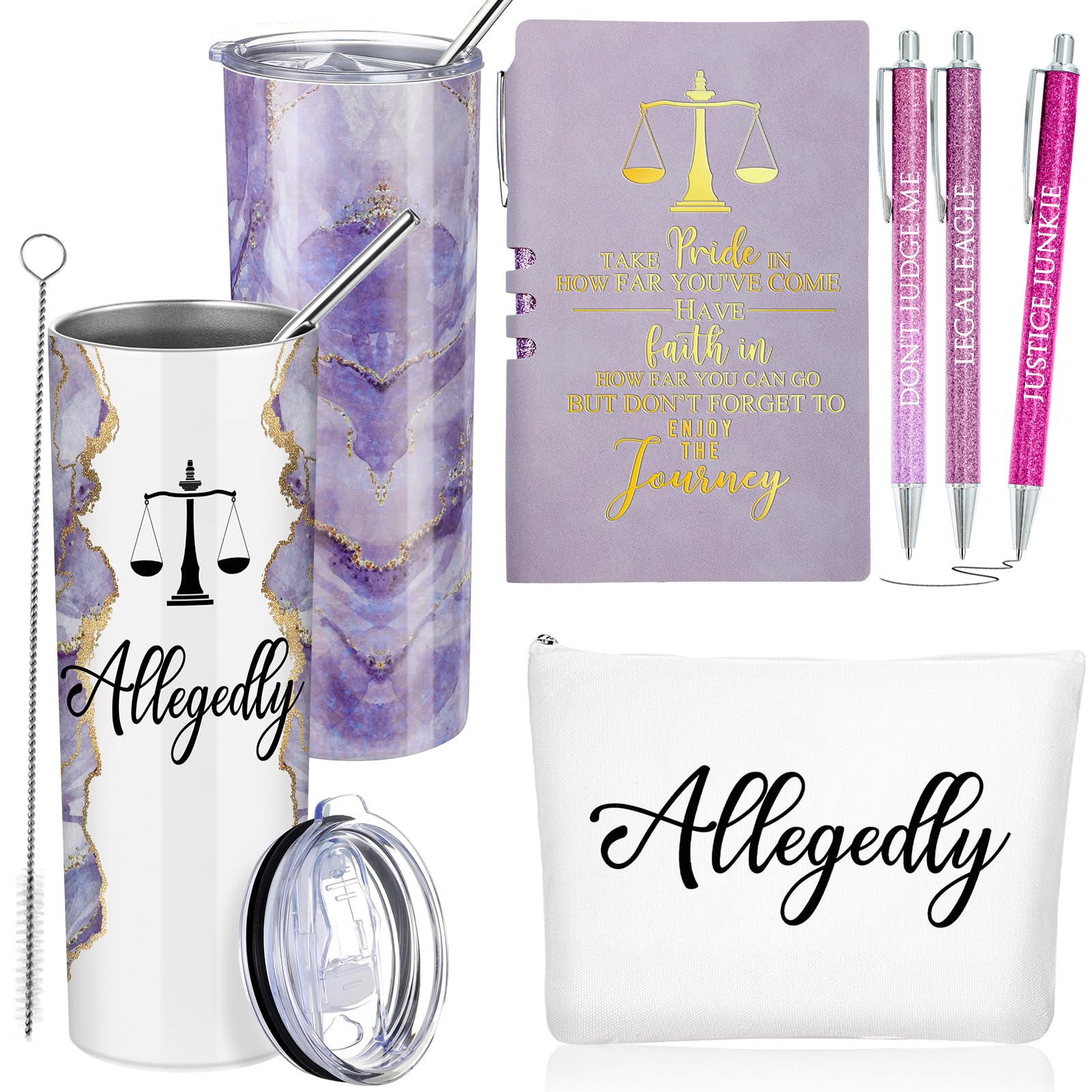 Domensi 6 Pcs Funny Allegedly Lawyer Gift Back To Law School Gift 20 Ounce Marble Sign Tumbler Makeup Bag Notepad Ballpoints Law