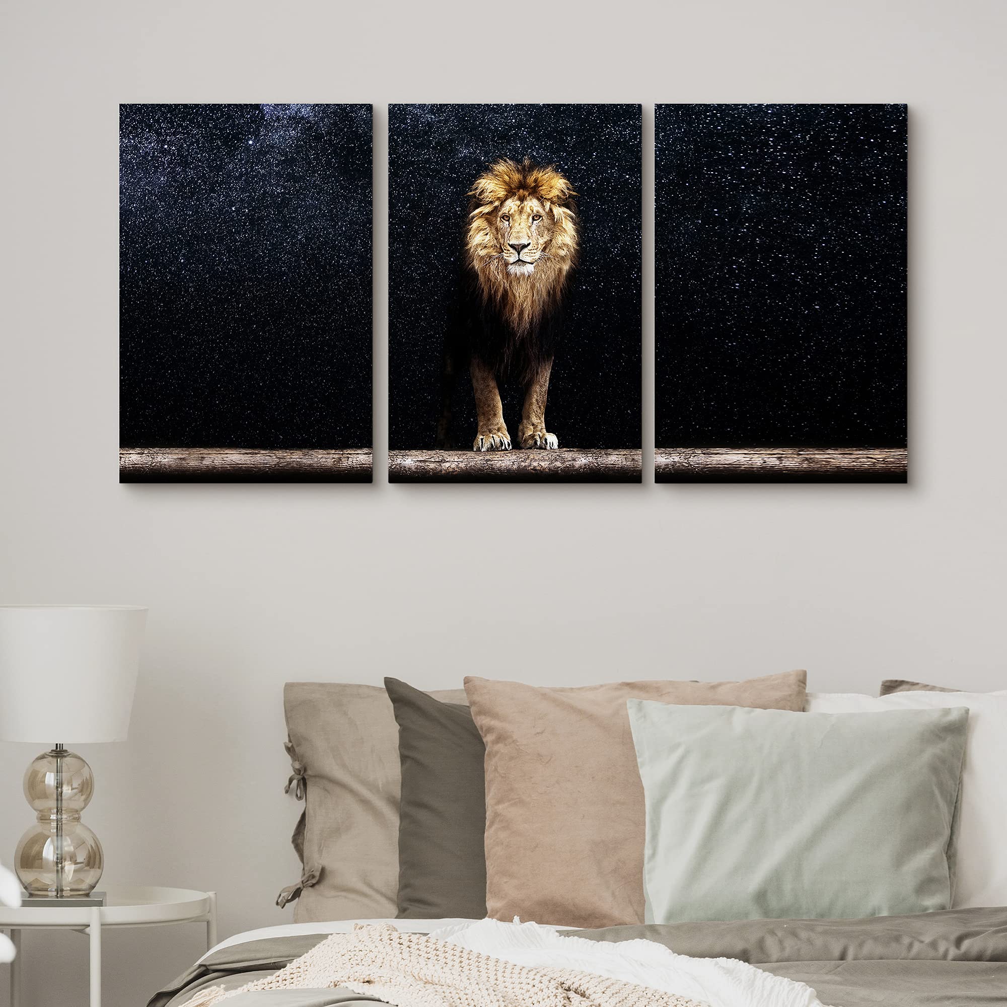 Signford Canvas Print Wall Art Set Lion Portrait In The Dark Galaxy Animals Wilderness Mixed Media Modern Art Contemporary Sceni