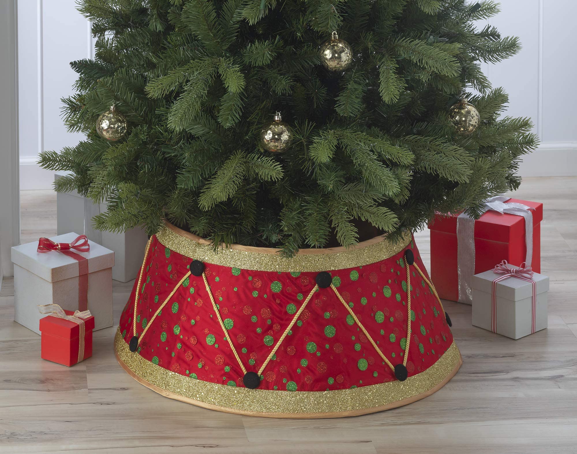 New Traditions Christmas Tree Collar - Red & Green Drum Design - 26 Diameter Fabric Stand Band for Artificial & Natural Trees - 