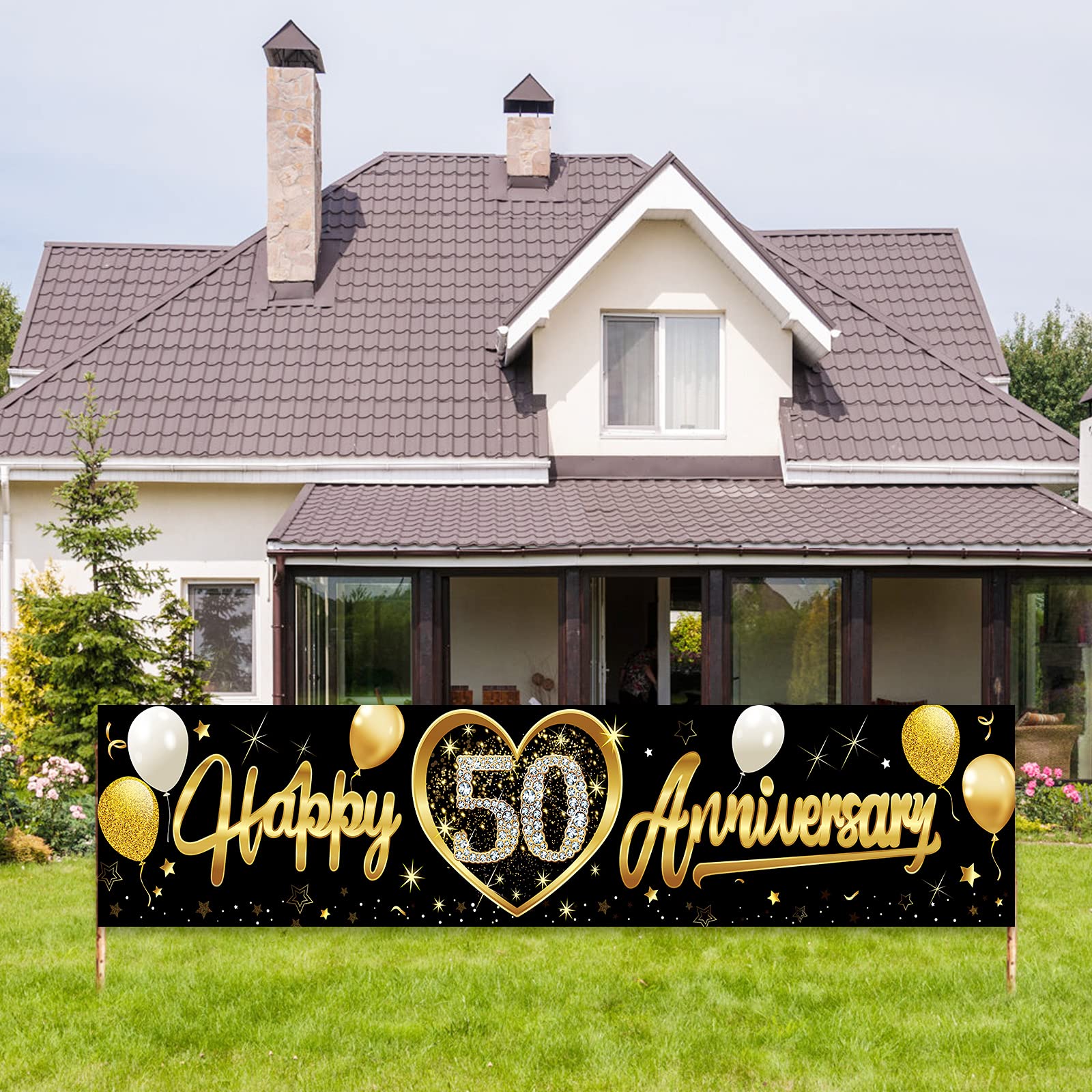 Happy 50Th Wedding Anniversary Banner Decorations, Black Gold 50Th Anniversary Sign Party Supplies, 50Th Wedding Anniversary Ban