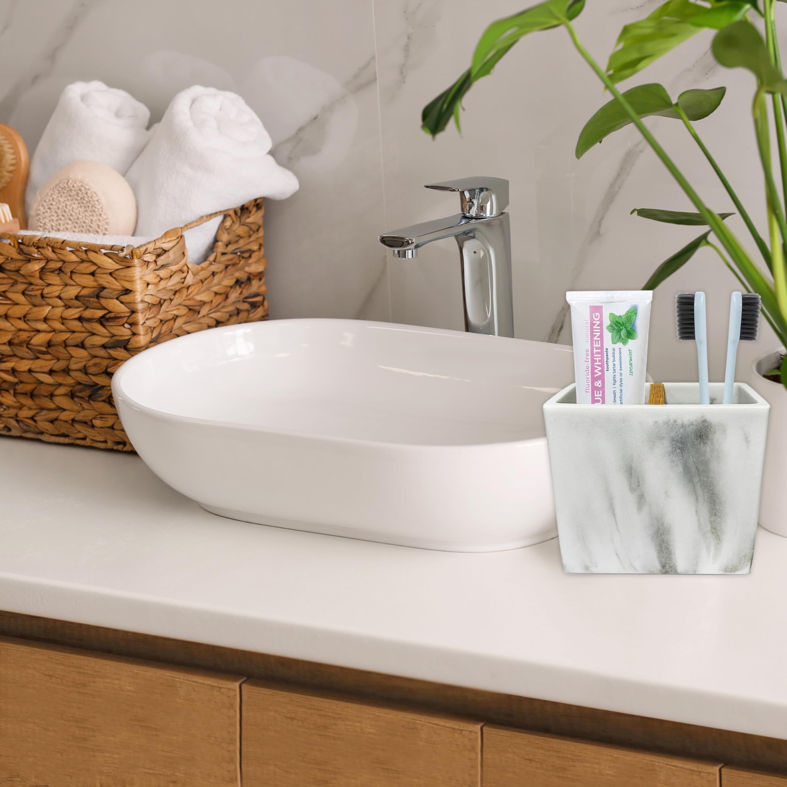 Santorini Resin Toothbrush Holder - Bathroom Accessories For Countertop Sink Organizer - Cute Stand For Kids Toothbrushes