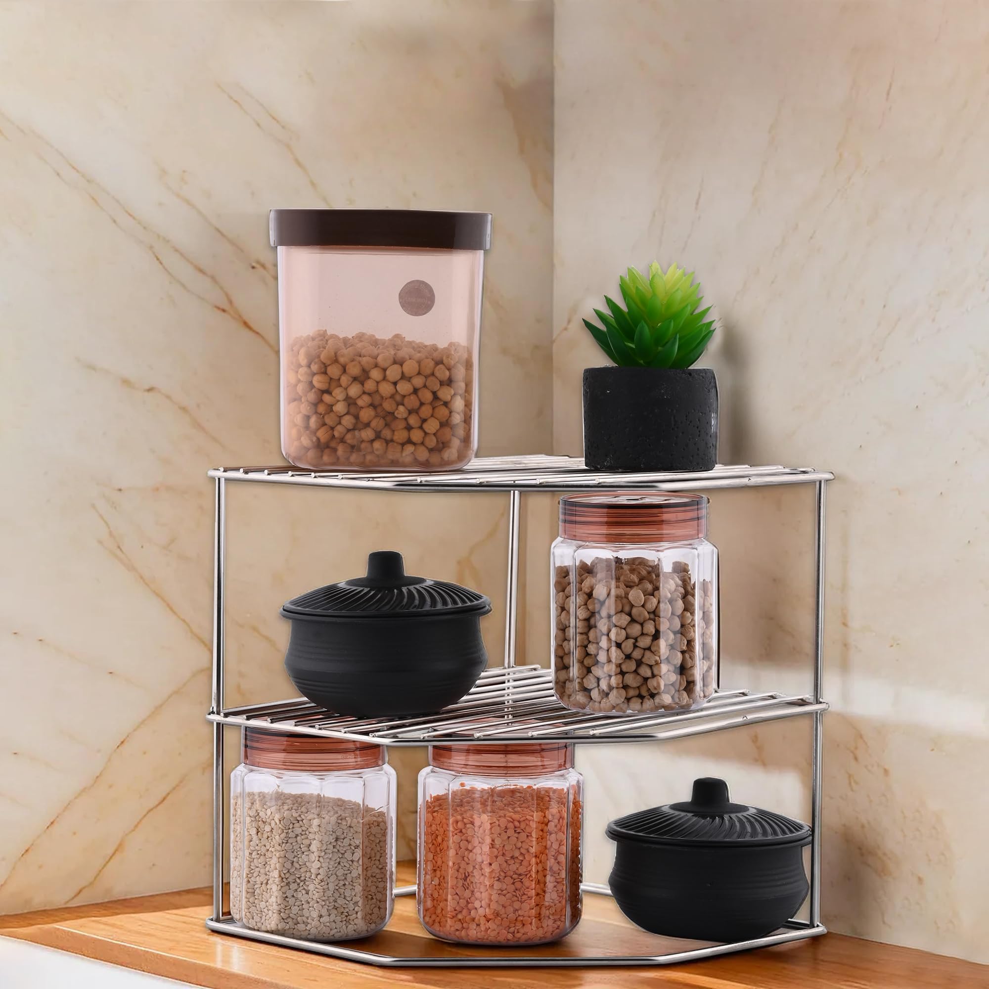 Kuber Industries 3Layer Stainless Steel Corner Stand For Kitchen  Multipurpose Counter Top Spice Rack Trolley Organizer | Silv