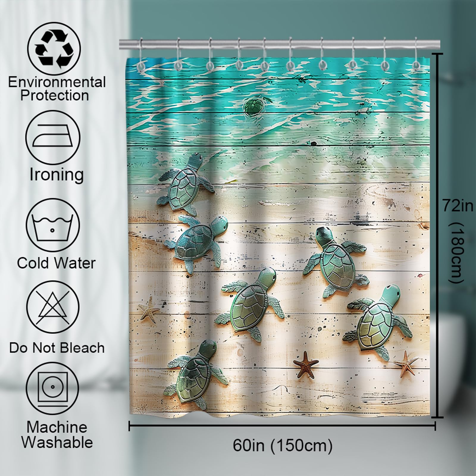 Final Friday Green Beach Sea Turtle Shower Curtain Nautical Teal Theme Fabric Bathroom Ocean Blue Decor With Grommets And Hooks