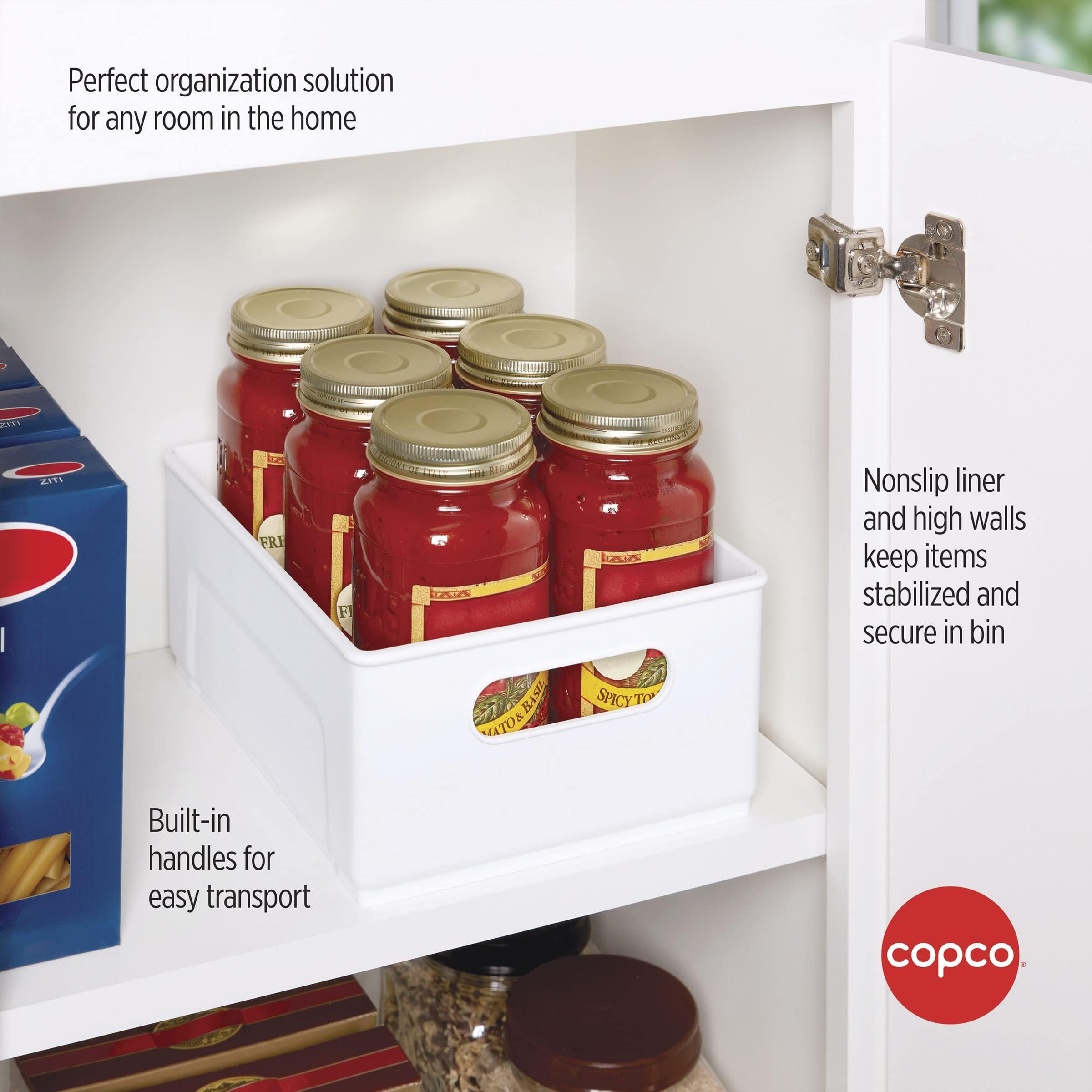 Copco 10-Inch White Cabinet Storage Bin with Handles - Nonskid Liner for Kitchen, Pantry, Closet Organization - Model 5254051