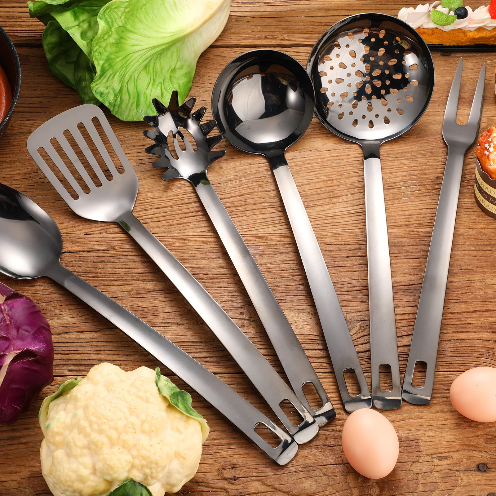6 Pcs Large Black Stainless Steel Cooking Utensils Set Heat Resistant Kitchen Utensils Set Includes Colander, Bbq Fork, Pasta Sc