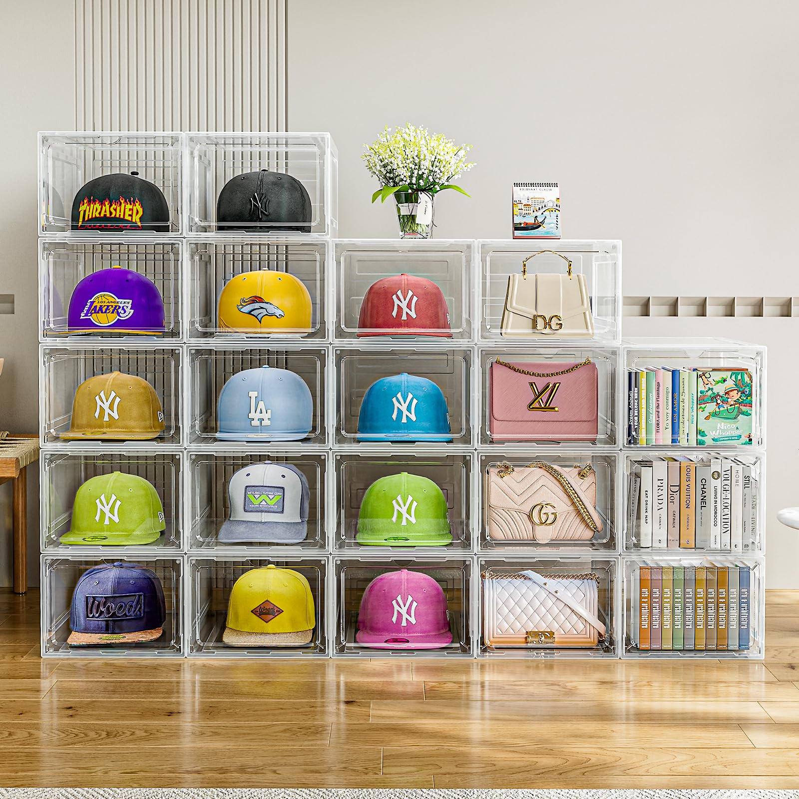 ZHAIXIAONIAN Hat Organizer Box - 6 Pack Clear Plastic Storage, Holds 8 Caps Each, XL Size, Magnetic Door, Model ZXN087
