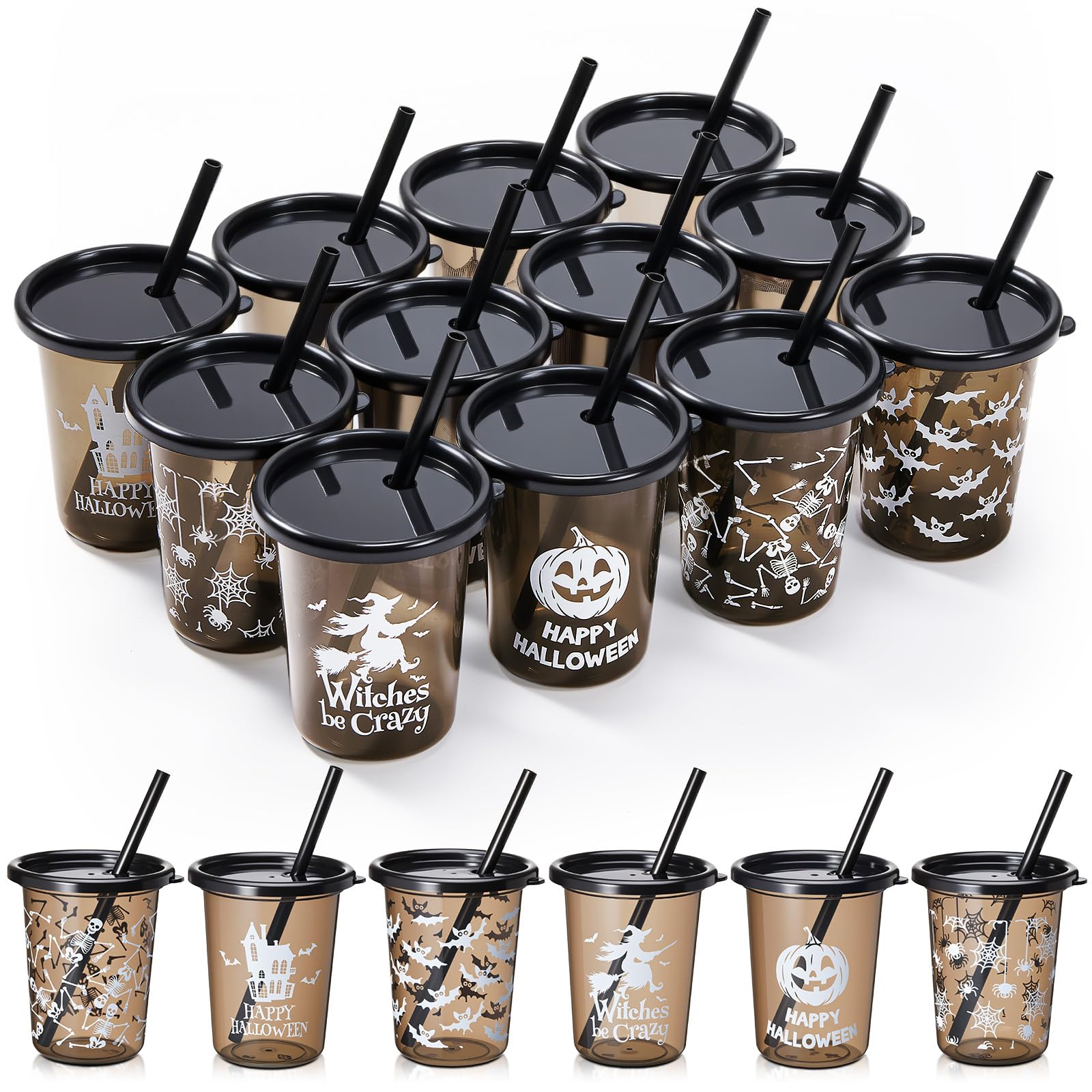 Nuanchu 24 Pcs Halloween Cups for Kids Plastic Tumbler with Lids and Straws 10 Oz Reusable Toddler Cups for Happy Halloween Part