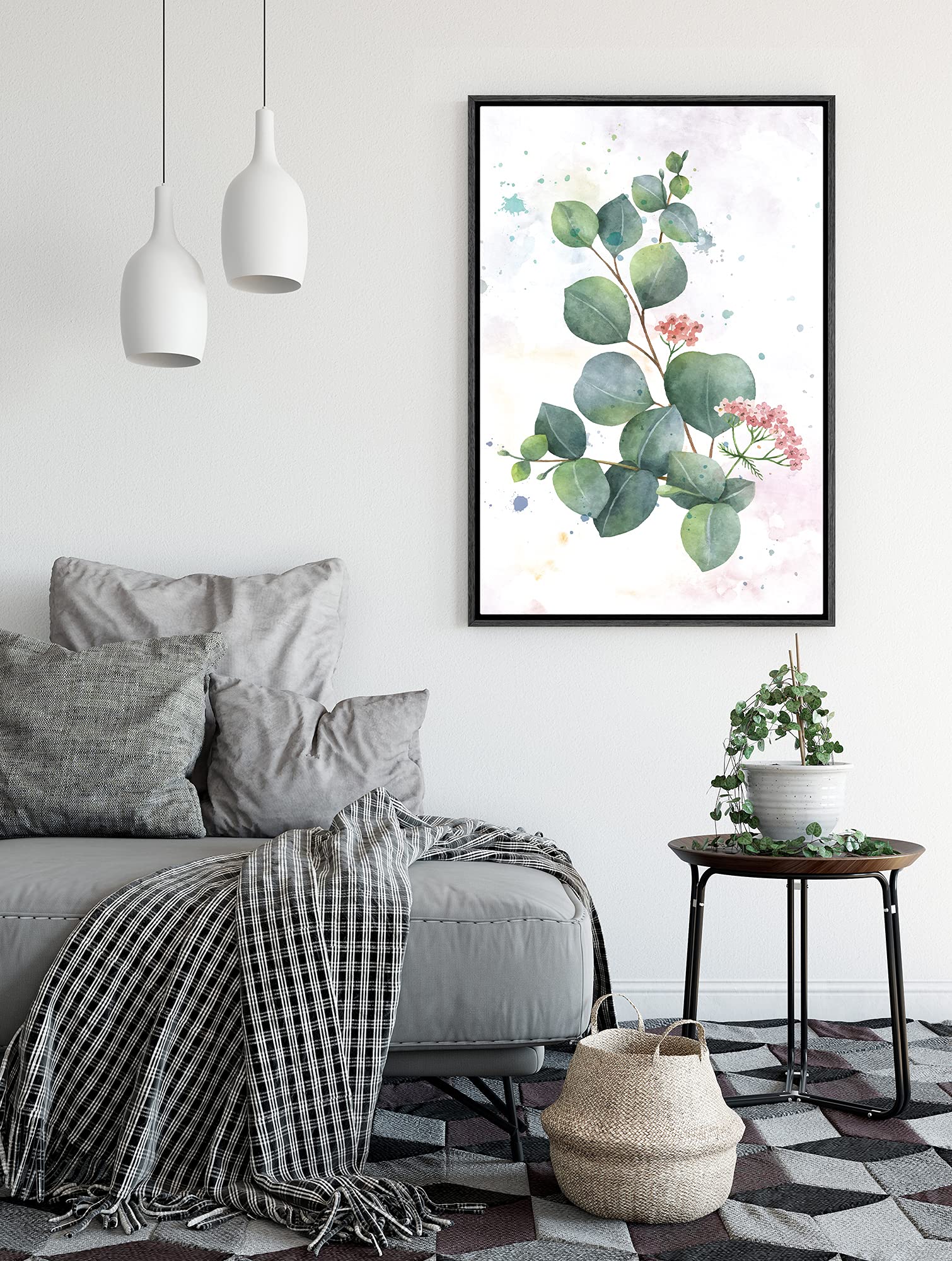 Signford Framed Canvas Print Wall Art Watercolor Green Leaves Nature Wilderness Illustrations Modern Art Contemporary Relax/Calm