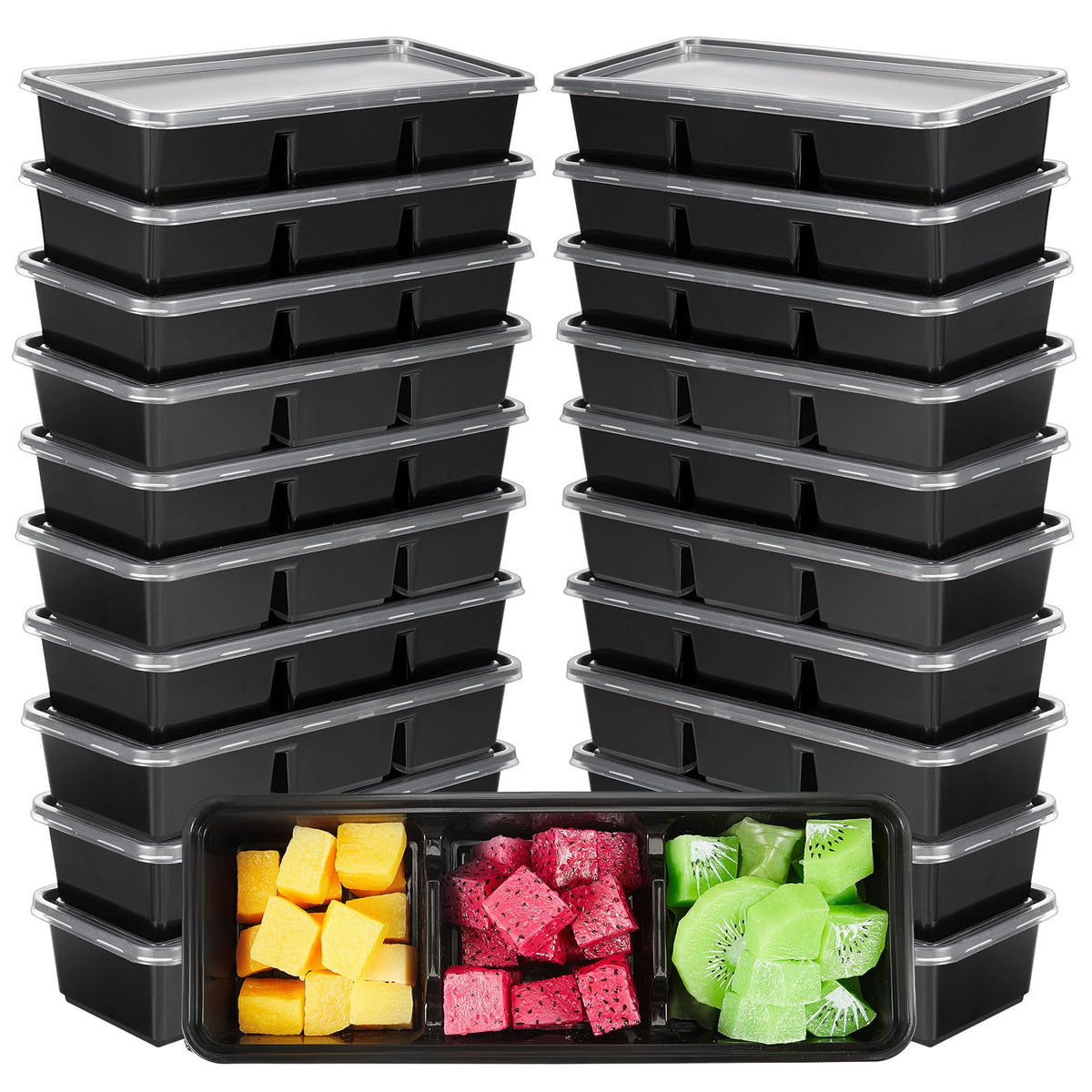 Hushee 50 Pack 17 Oz Small Meal Prep Containers 3 Compartments With Lids, Disposable Plastic Bento Boxes Reusable Stackable Food