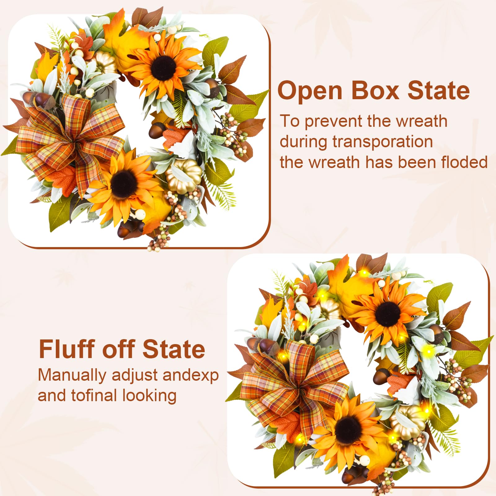 Fall Wreaths for Front Door,Sunflower Autumn Wreath with Lights,Pumpkins and Bows,for Thanksgiving Halloween Farmhouse Indoor Ou