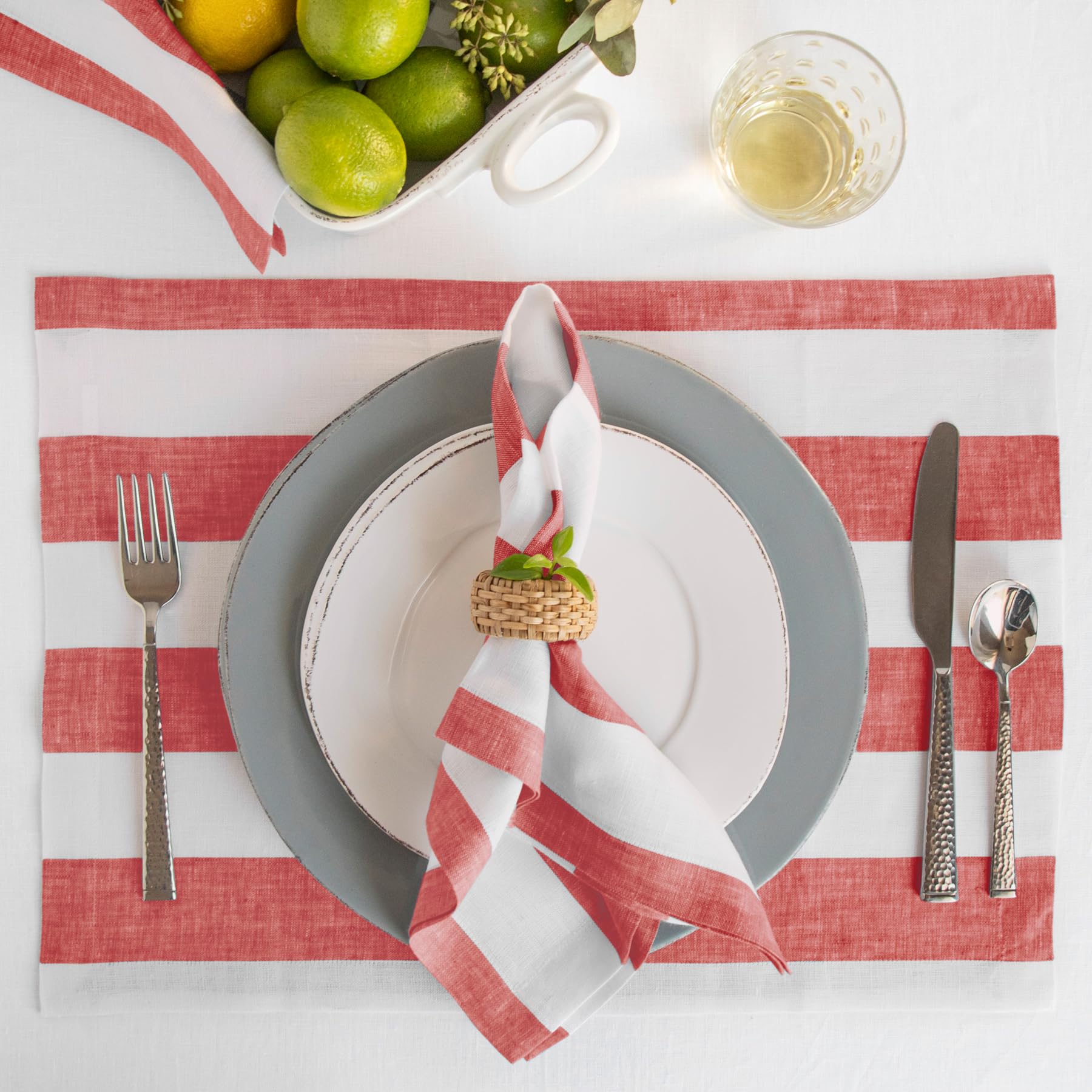 Solino Home Cabana Stripe Linen Dinner Napkins - 20 X 20 Inch, 100% Pure Linen Red And White Napkins Set Of 4 For Spring - Handc