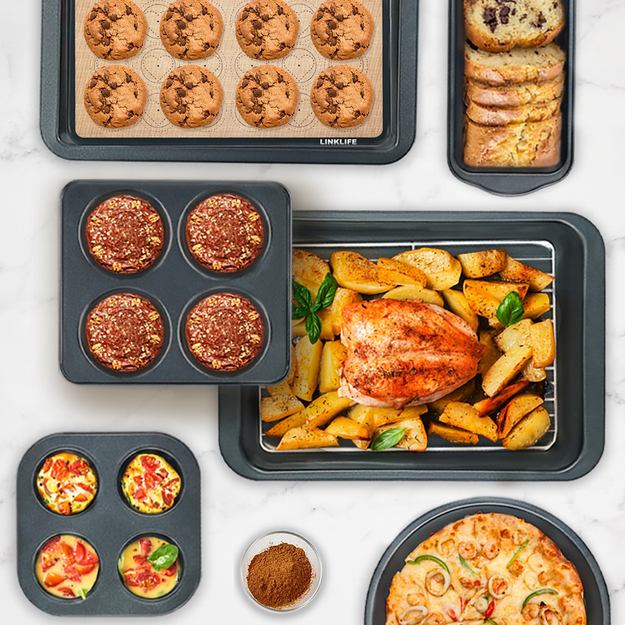 8-Piece Baking Pans Set With Rack, Nonstick Bakeware Include Muffins & Muffin Tops Pan, Baking Tray, Cookie Sheet With Mat, Loaf