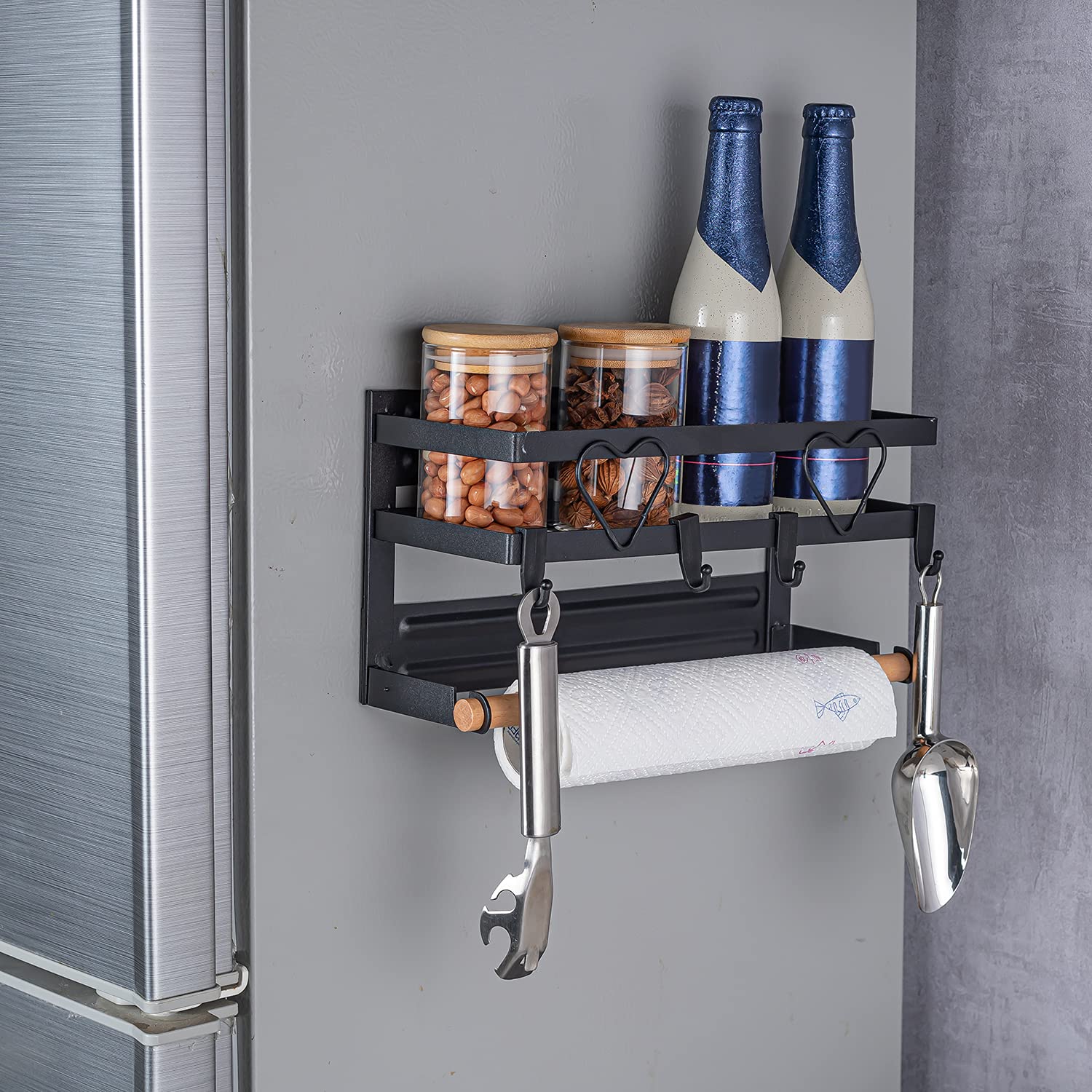 Hokipo Metal Magnetic Shelf For Fridge Spice Wall Floor Mount Rack Organizer For Refrigerator With Napkin Paper Towel Holder And