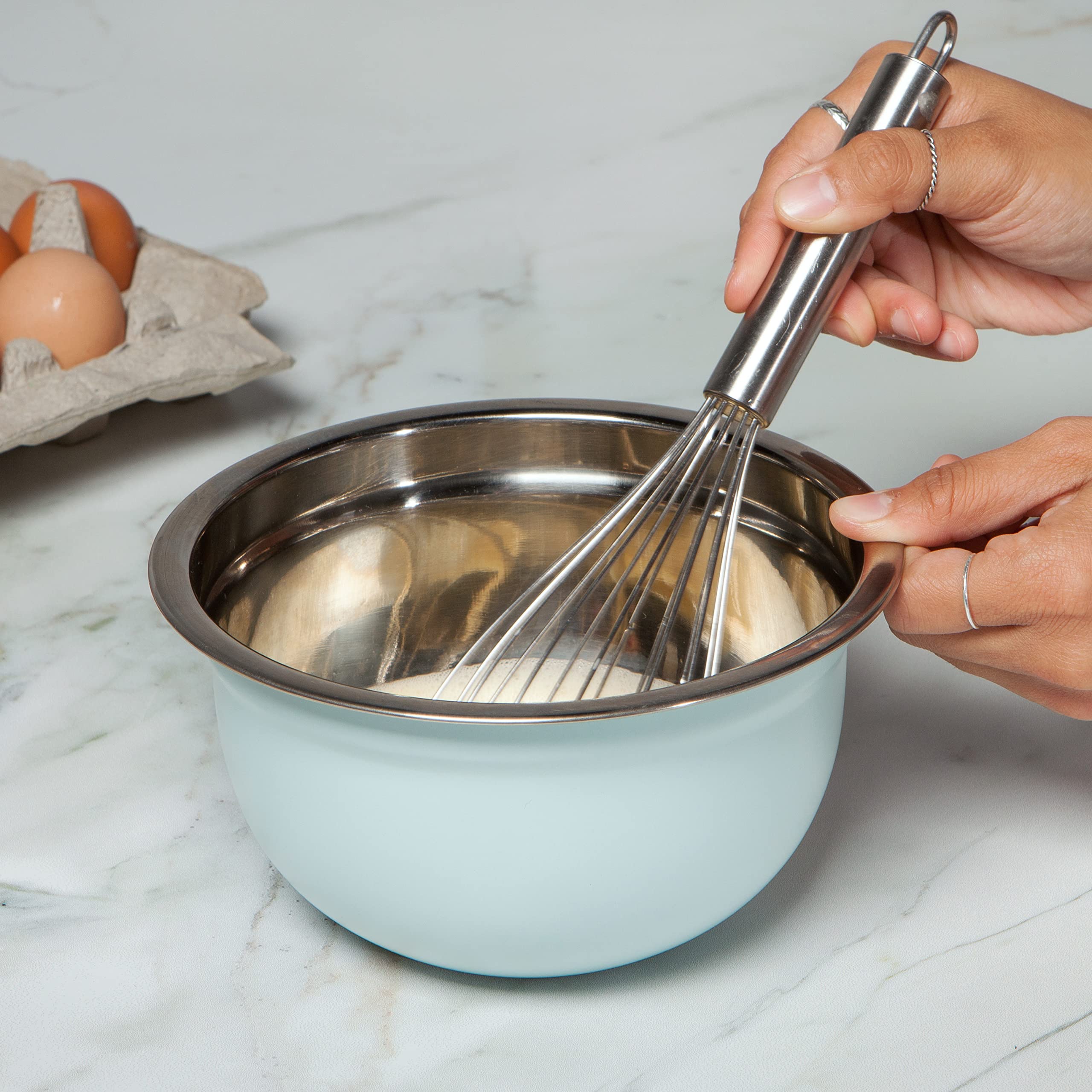 Now Designs Matte Coated Steel Mixing Bowls, Robins Egg Blue, 5 Qt, 3 Qt, 1.5Qt, Set Of 3