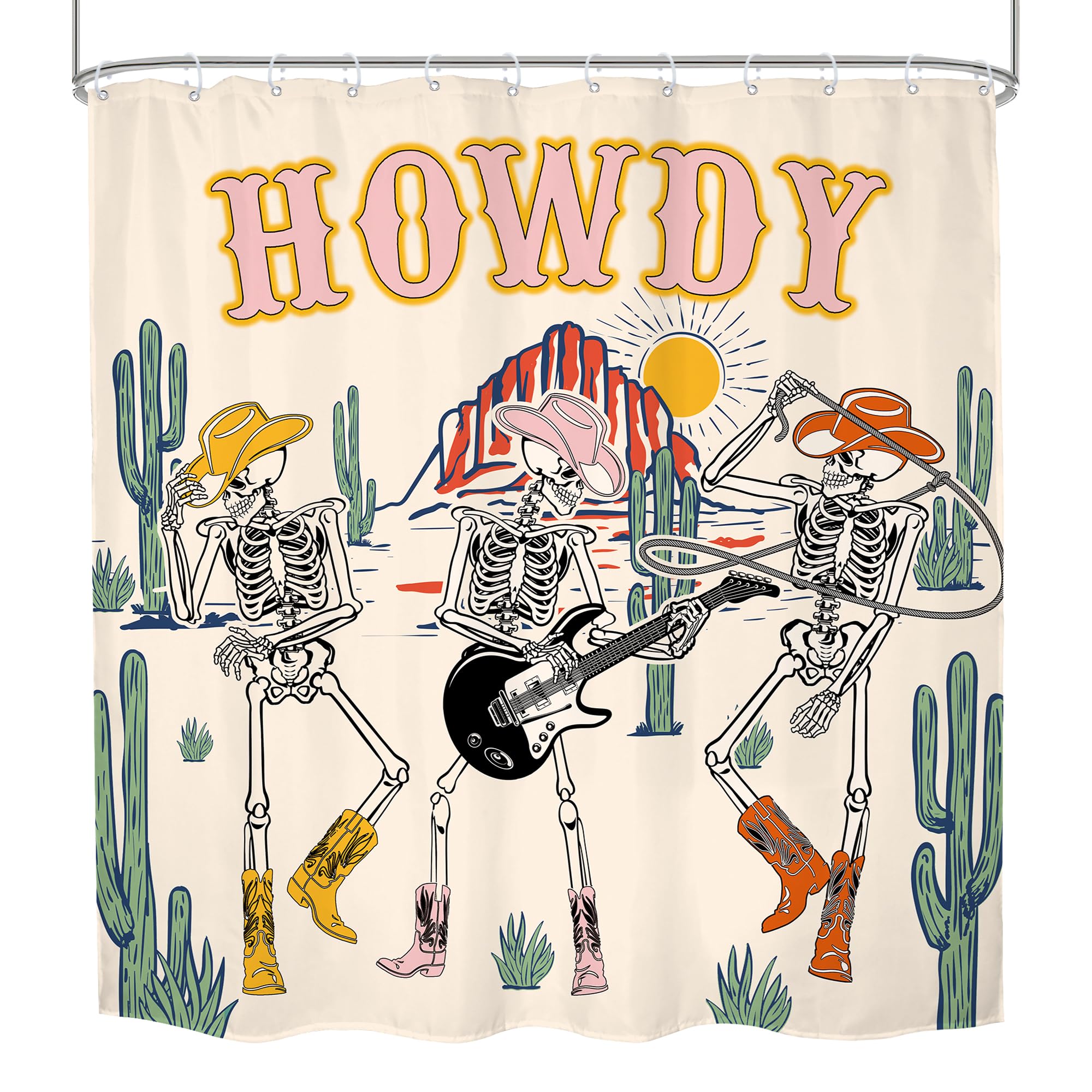 Mitpok Halloween Western Cowboy Skull Shower Curtain Funny Skeleton Retro Cowgirl Texas Howdy Funky Groovy Wild West Desert Goth
