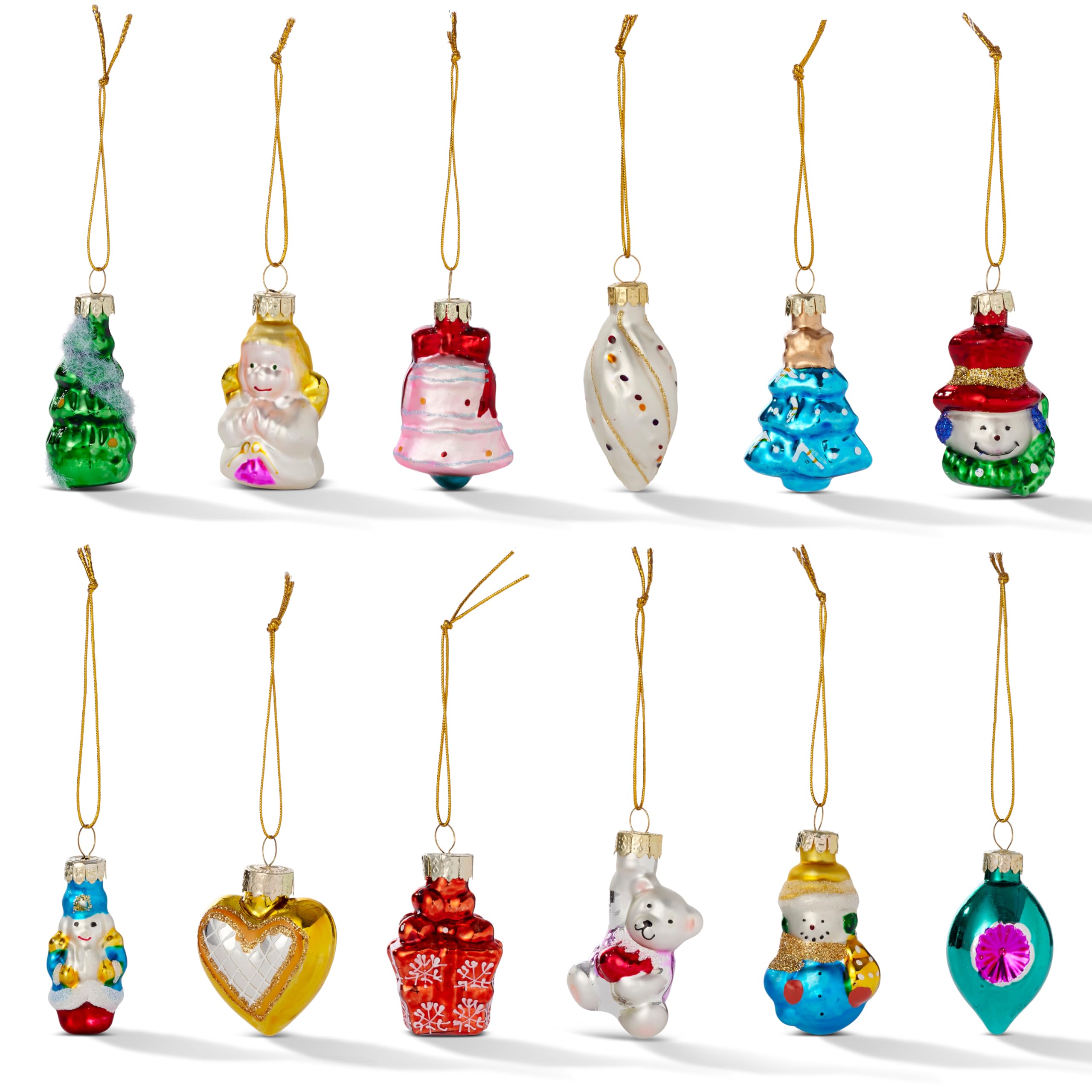 THE TWIDDLERS - 12 Pieces Christmas Mini Glass Baubles in Assorted Colorful Festive Traditional Vintage Designs for Xmas Tree Ha