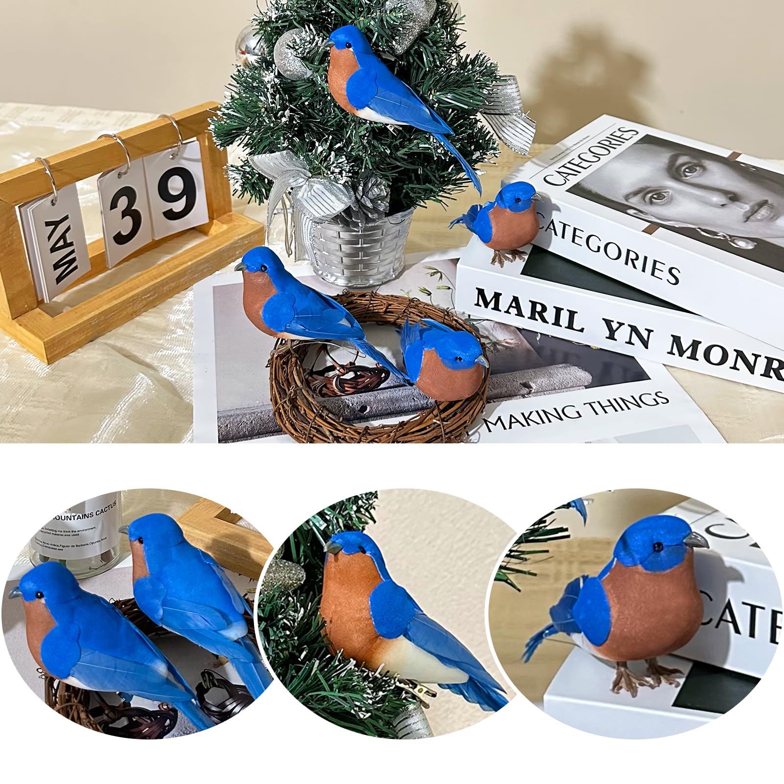 LWINGFLYER Artificial Birds Realistic Blue Birds 2 Pack Clip on Foam Feathered Bird Ornaments Figurines for Christmas Tree Decor