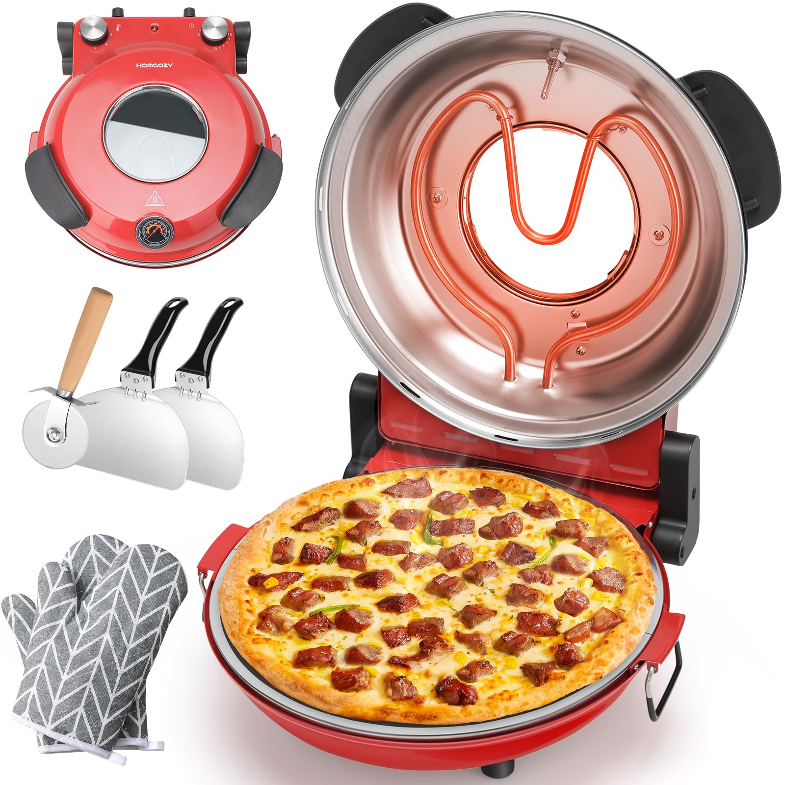 HomCozy Electric Pizza Oven Indoor with Glazed Ceramic Stone, 12-Inch Portable Countertop Pizza Maker with Adjustable Timer, 120