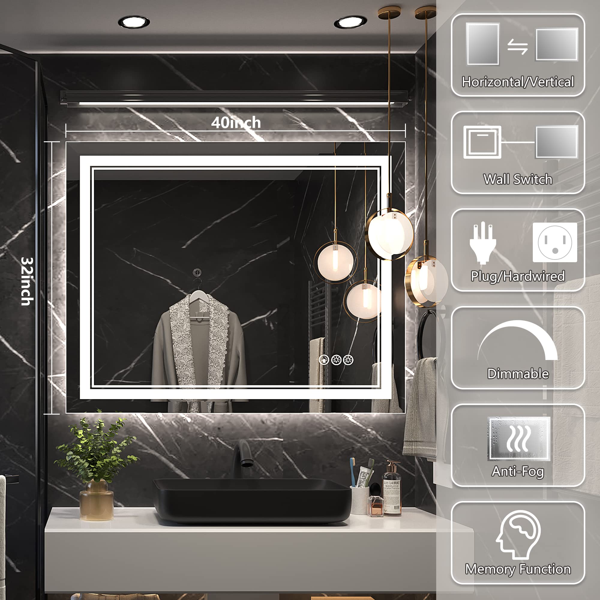 Ratsamee 40X32 Inch Led Mirror For Bathroom With Front Light And Backlit, Dimmable Anti Fog Wall Bathroom Mirror With Led Lights