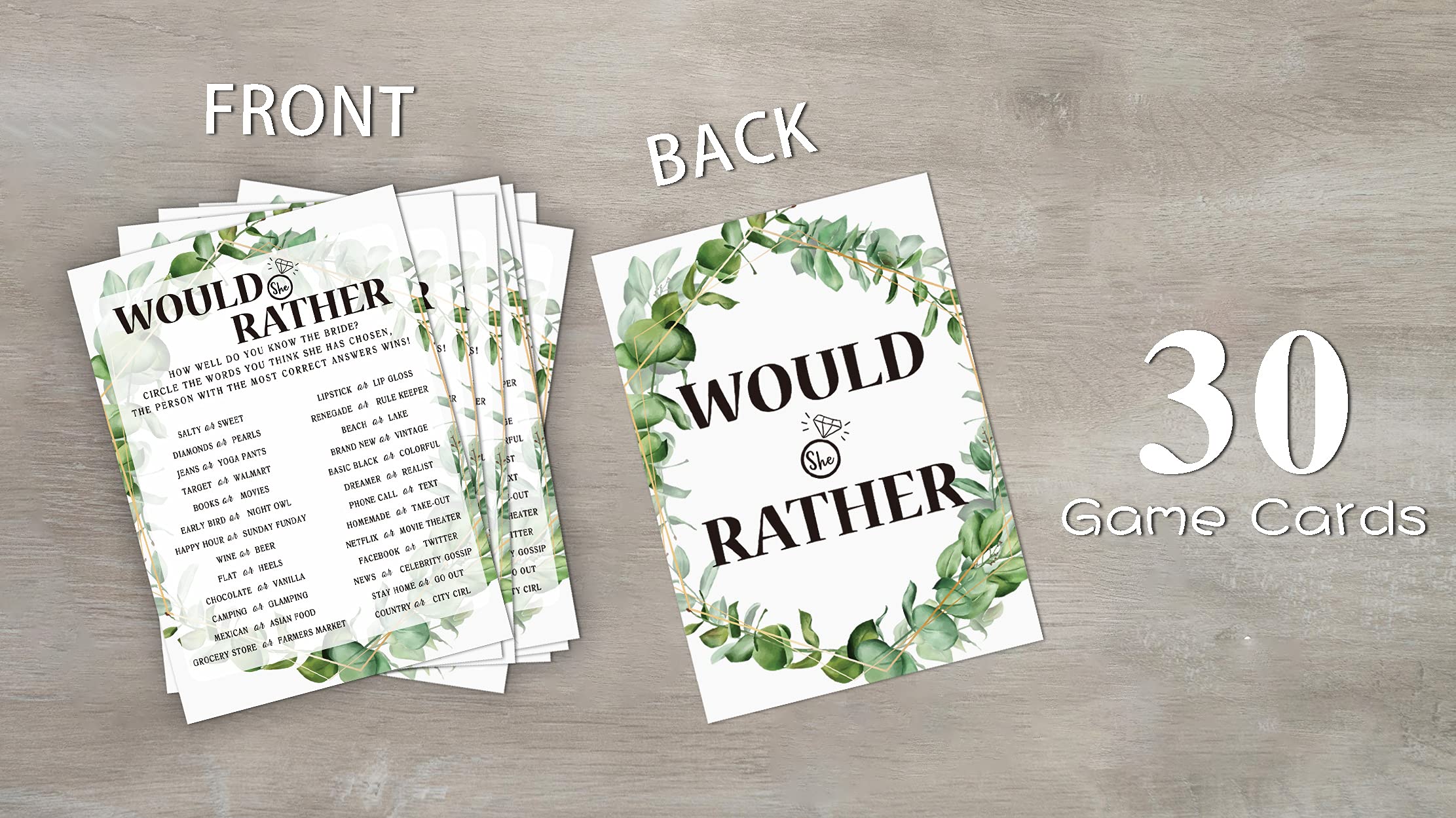 Bridal Shower Game Cards, Would She Rather Game, Tropical Jungle Theme Engagement Party Cards For Wedding, Set Of 30 Cards(Leaf0
