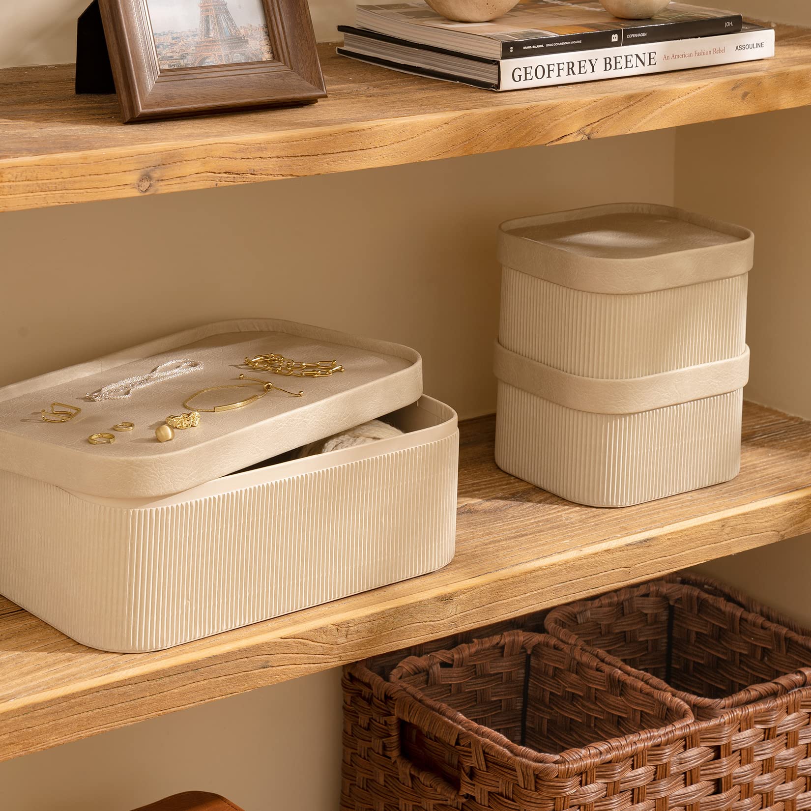 La Jolie Muse Storage Basket Set Of 3 With Leather Lids Fluted Cardboard - Light Grey