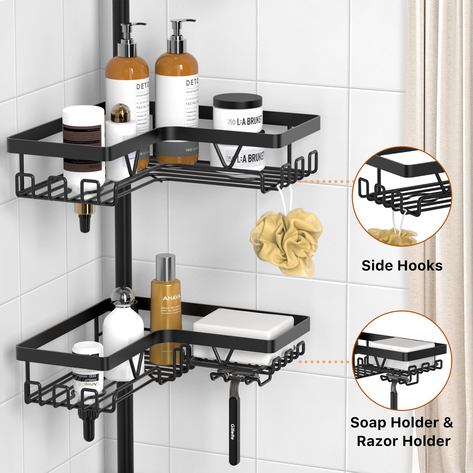Kegii Corner Shower Caddy Tension Pole - Shower Tension Rod Organizer, Floor To Ceiling Shower Caddy 25-114.2 Inch, Towel Rack C