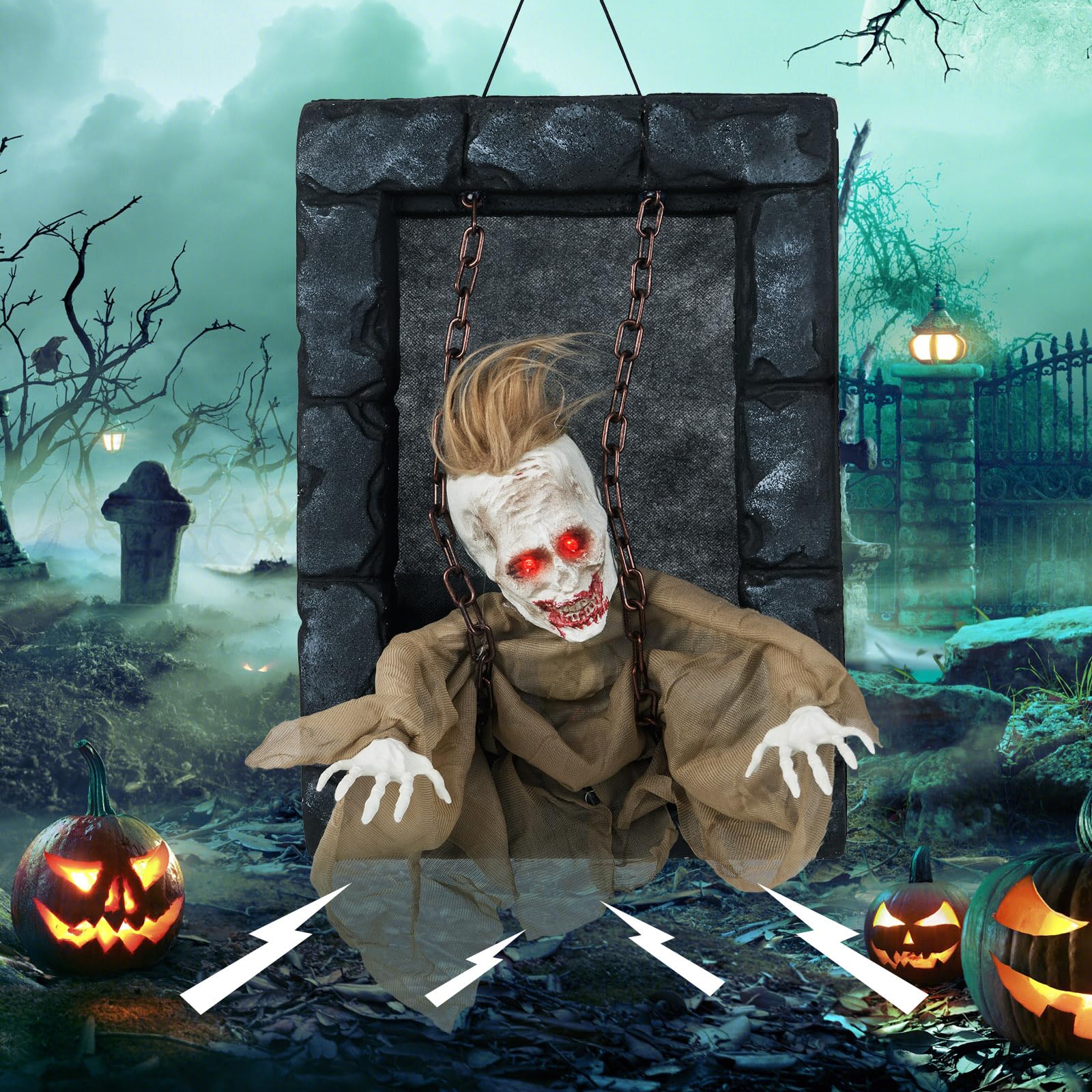 Tangkula Halloween Decorations Indoor, 18    Hanging Zombi Prisoner with Light-up Eyes & Spooky Sounds, Sound-Activated Hallowee