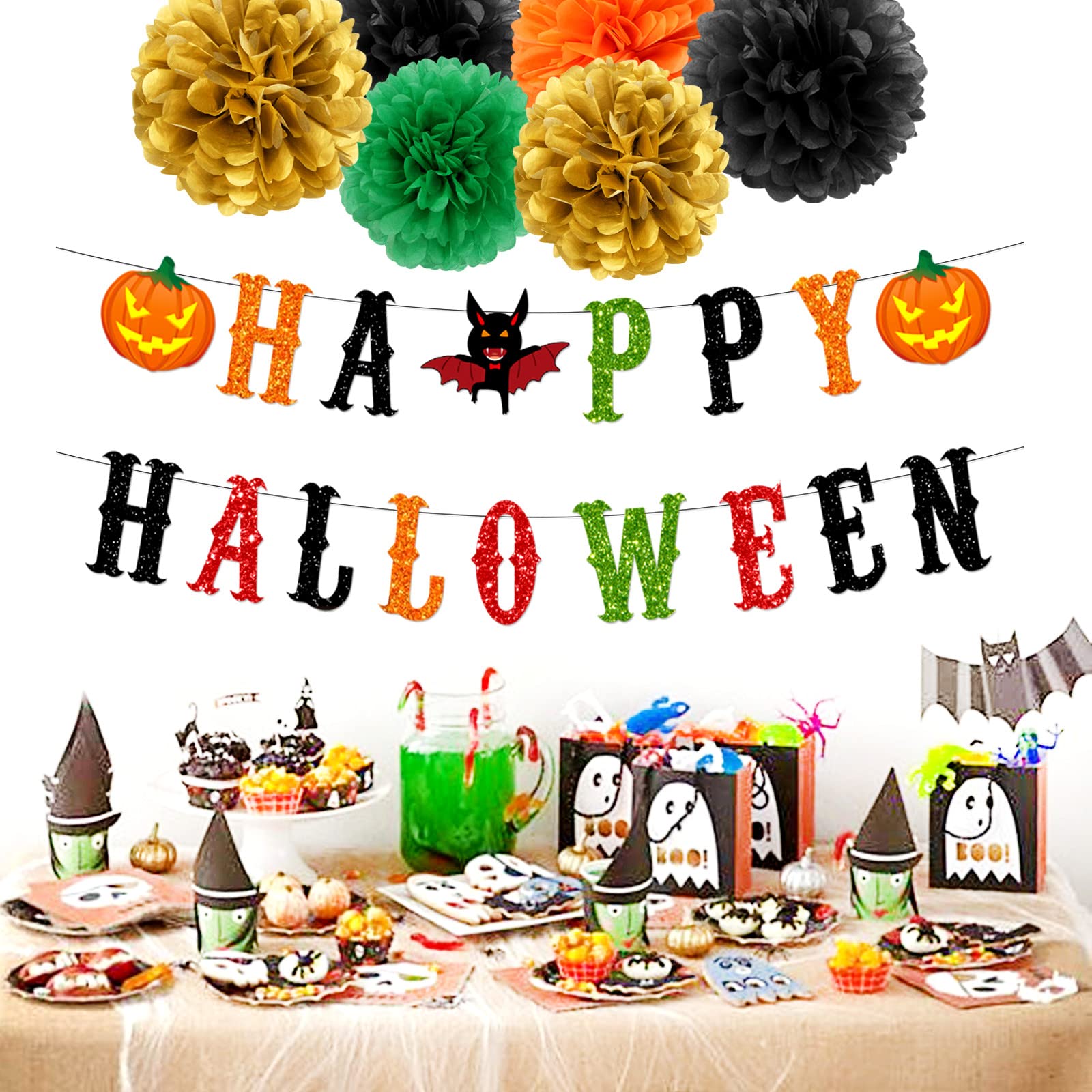 Black-Orange Green-Gold Halloween Party-Decorations - 8Pcs Kits Happy Halloween Banner, Tissue Flower Paper Pom Poms Streamers,B