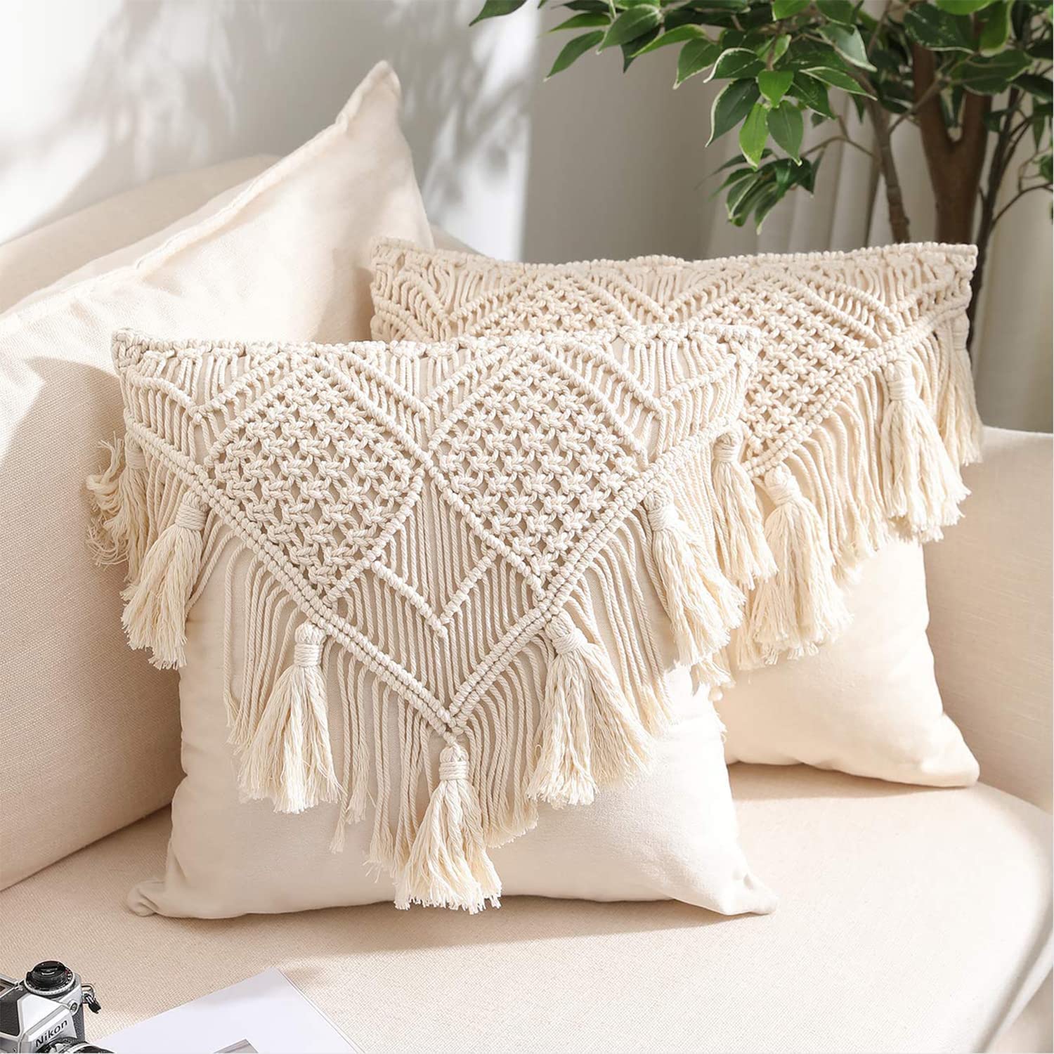 Kaahira Handmade Cotton Macrame Cushion Pillow Cover Boho Home Decor Abstract Pattern 18 X 18 Inch In Off White Color - 1 Pcs (1
