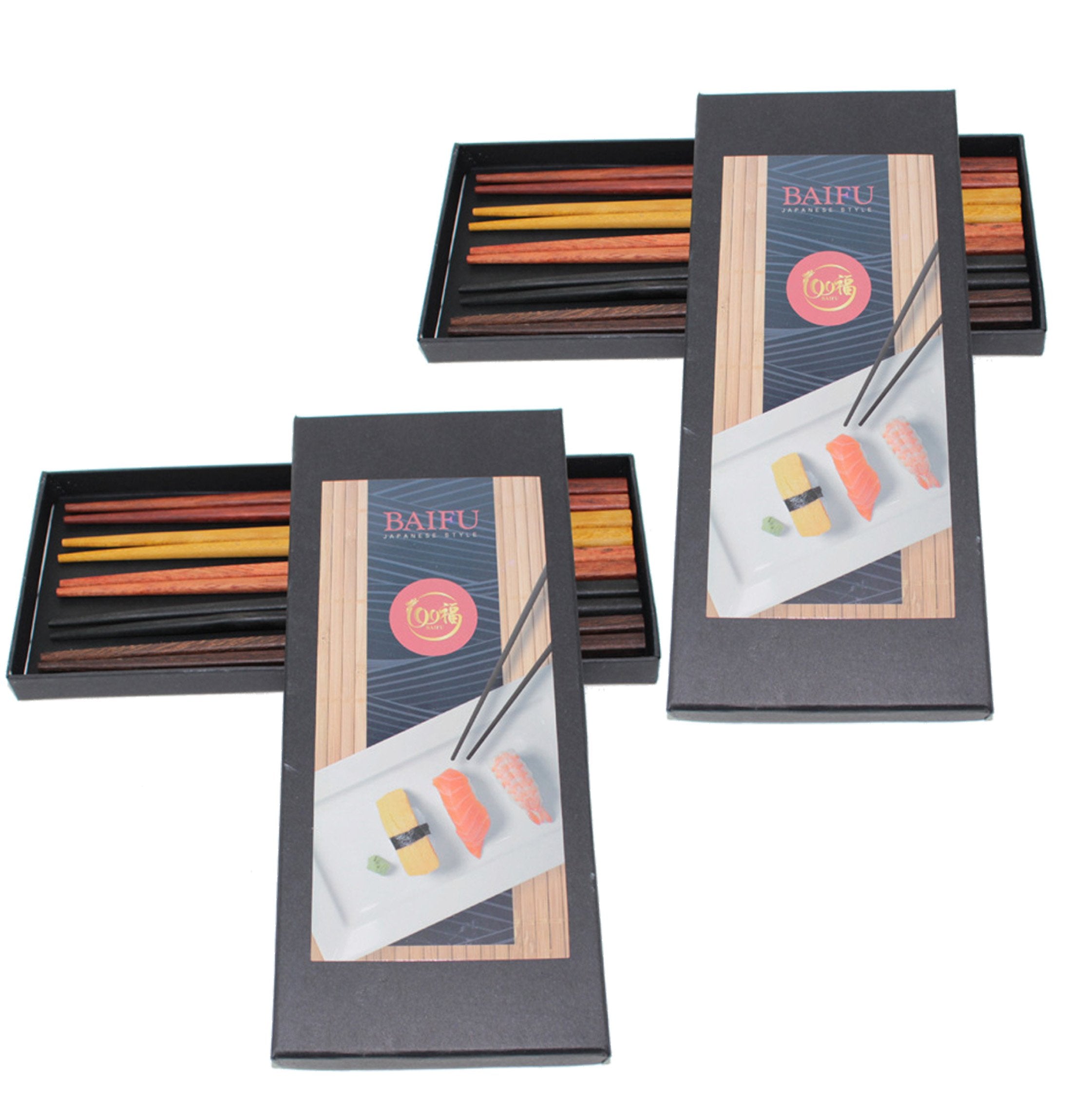 Set Of 2 Boxes(10 Pairs)- Multicolored Reusable Japanese Style Sushi Chopsticks Natural Wooden Unique Family Pack Gift Set(D1325
