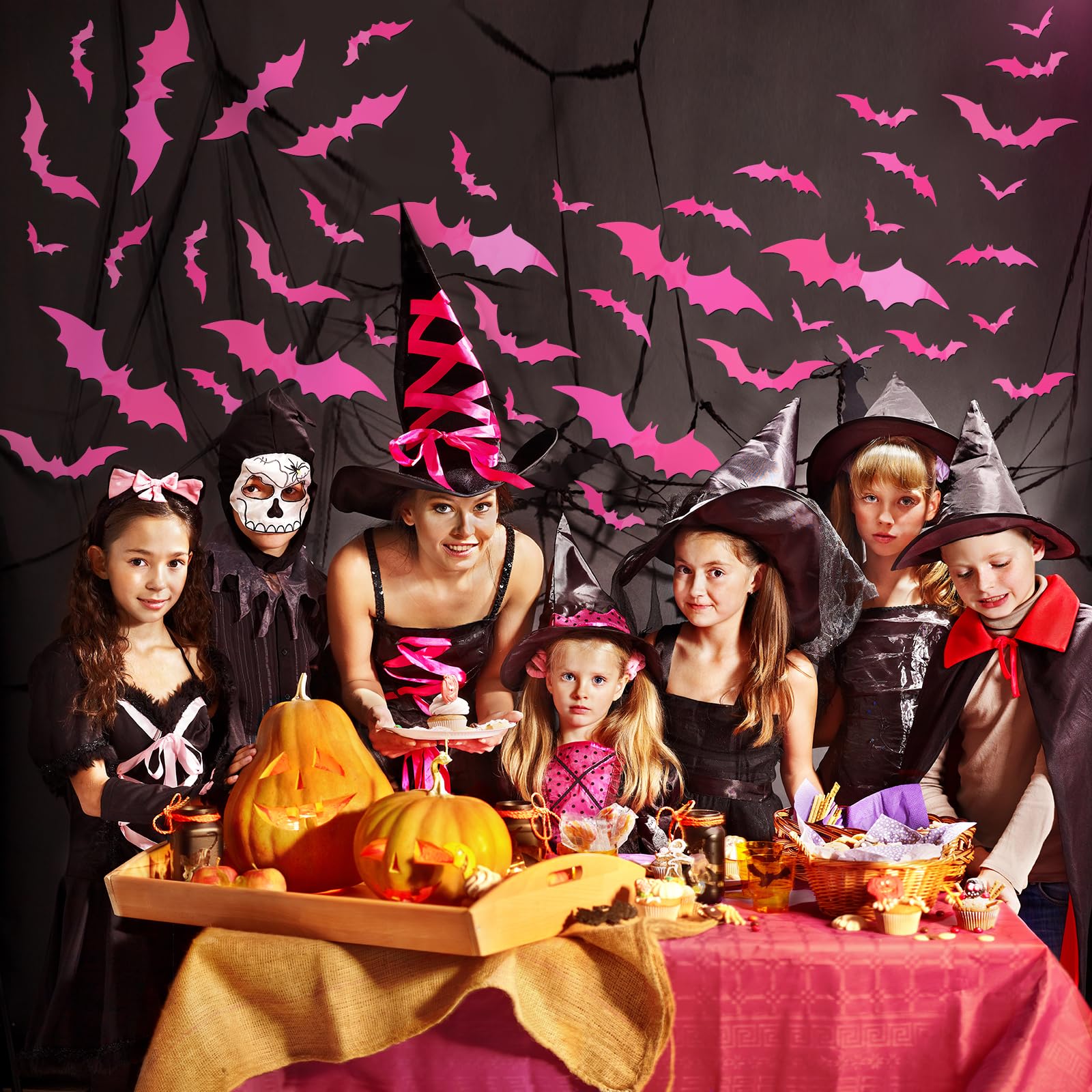 Whaline 72Pcs Halloween Bat Wall Stickers Hot Pink Plastic Waterproof Decorative Decals 3D Wall Decoration With Foam Stickers Fo