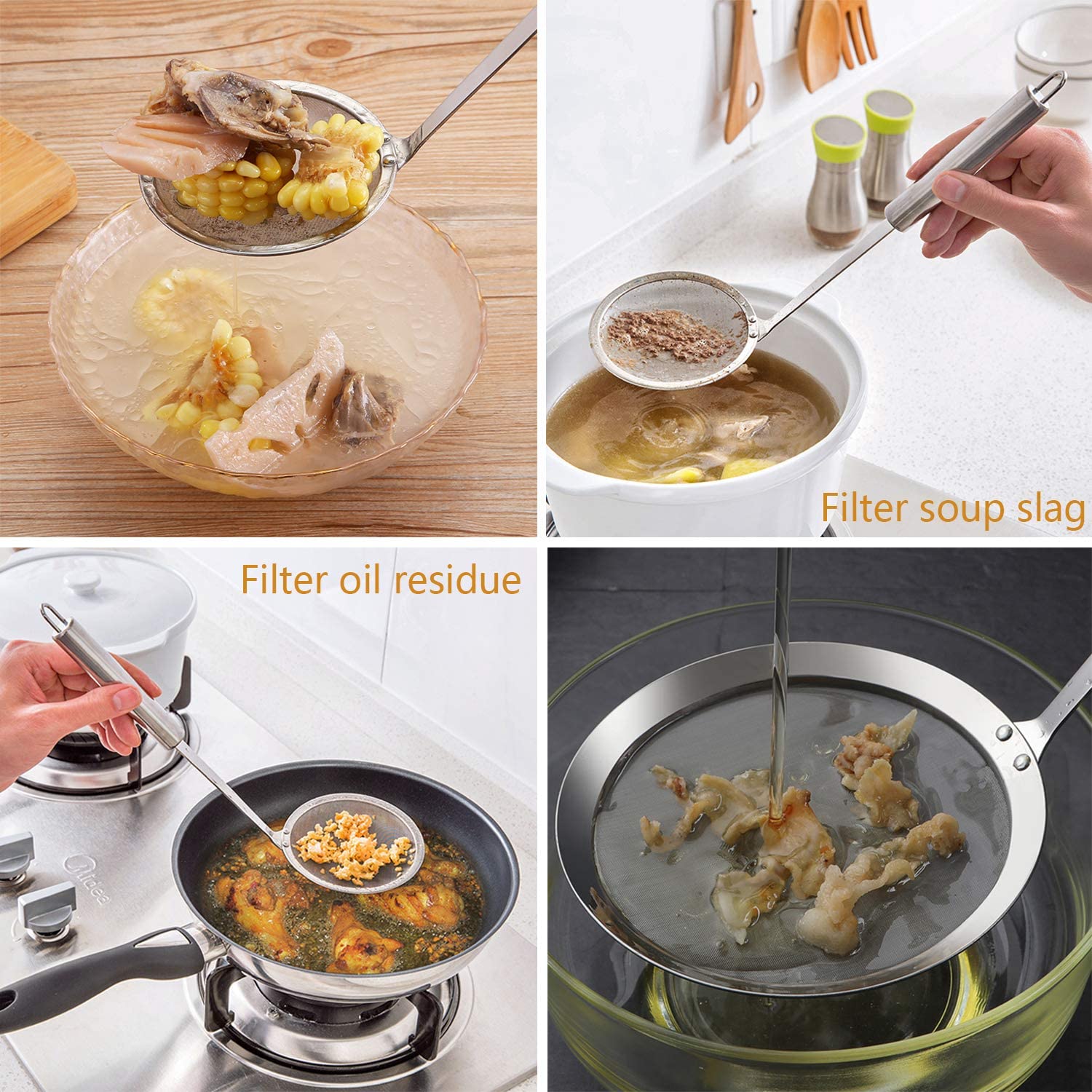 Durable 304 Stainless Steel Canning Ladle Oil Soup Spoon,Fat Skimmer Spoon Hot Pot Fine Mesh Food Strainer Spider Strainer (4Pcs
