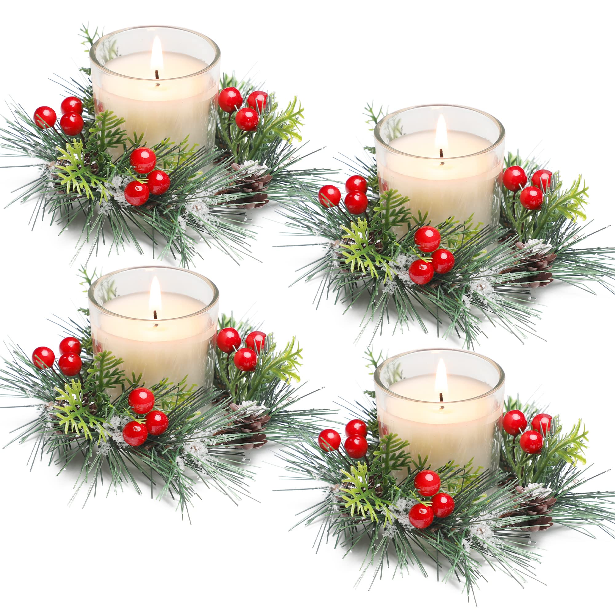 Christmas Candle Ring, 4 Pcs Votive Candle with Red Berry Pinecone, Xmas Ring Candle for Table Centerpiece Decoration Wedding Ho