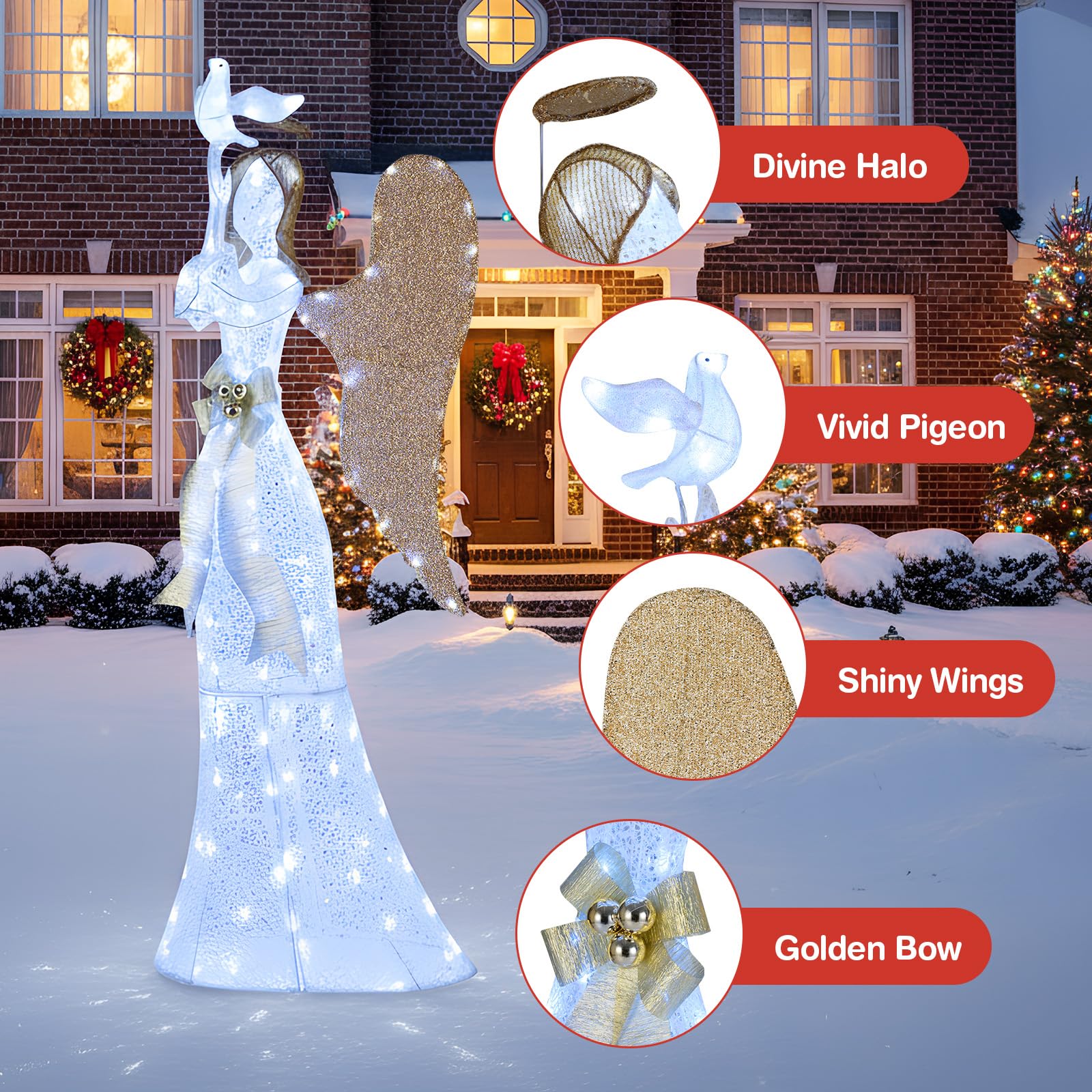Tangkula 5.5 FT Lighted Angel Decoration, Cold White Metal, Pre-lit Halo with Pigeon & Golden Wings, Model DH-F-30V-AL for Indoor/Outdoor