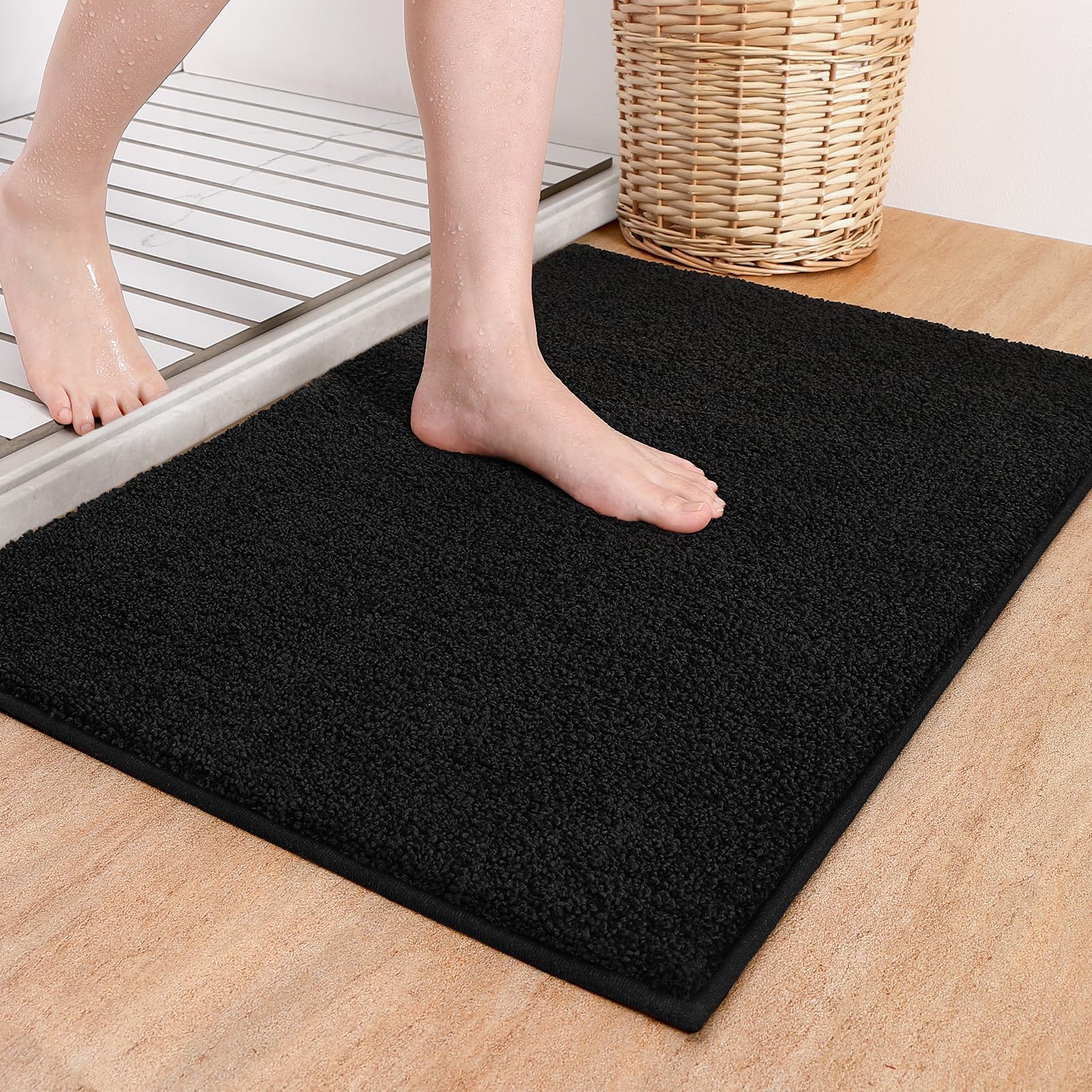 Color G Black Bathroom Rugs - Absorbent, Non Slip, Soft, Washable, Quick Dry, 24''X43'' Long Black Bath Mat Bathroom Runner Bath