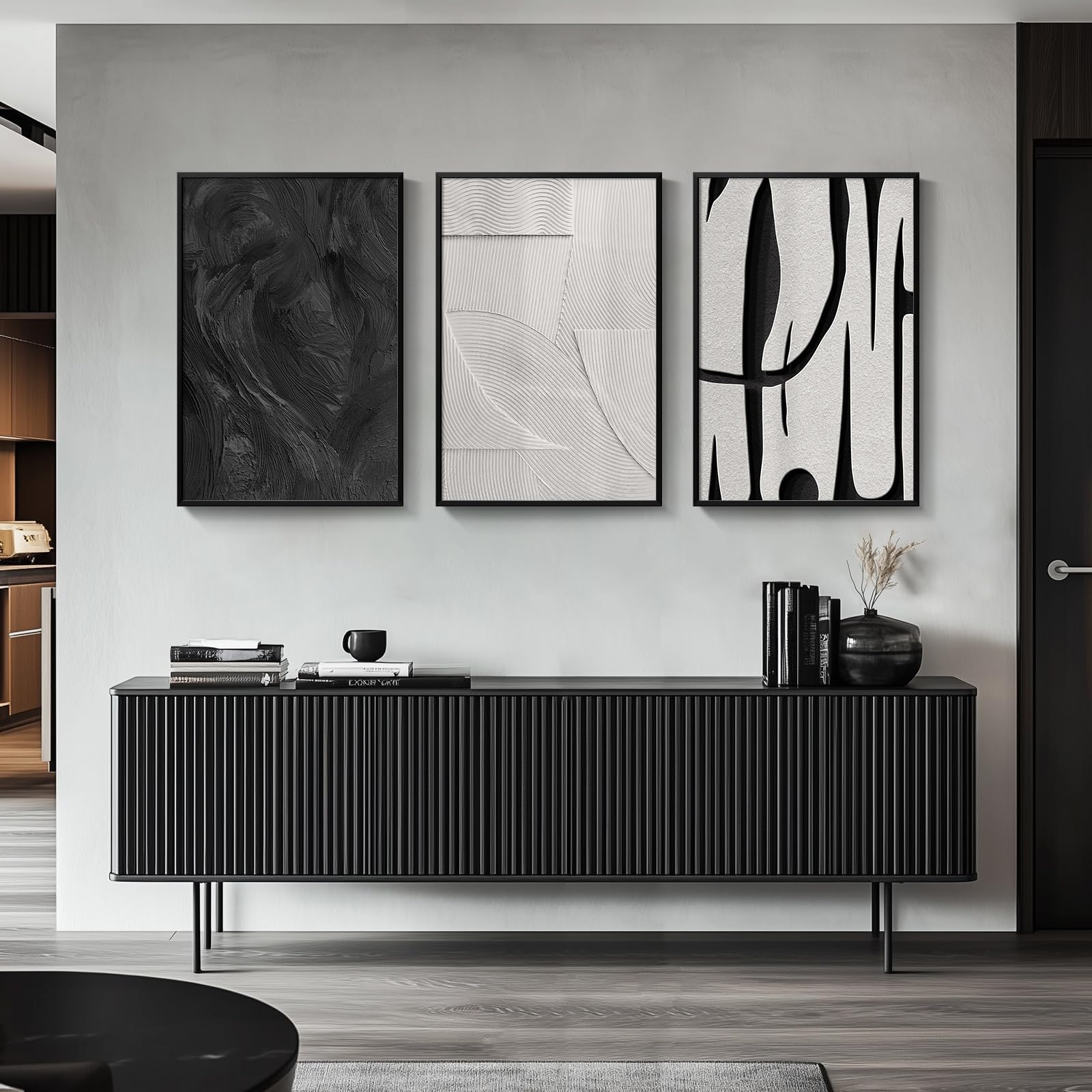 Framed Black And White Abstract Canvas Wall Art, 3 Piece Large Minimalist Prints Wall Paintings, Modern Artwork For Walls, Pictu