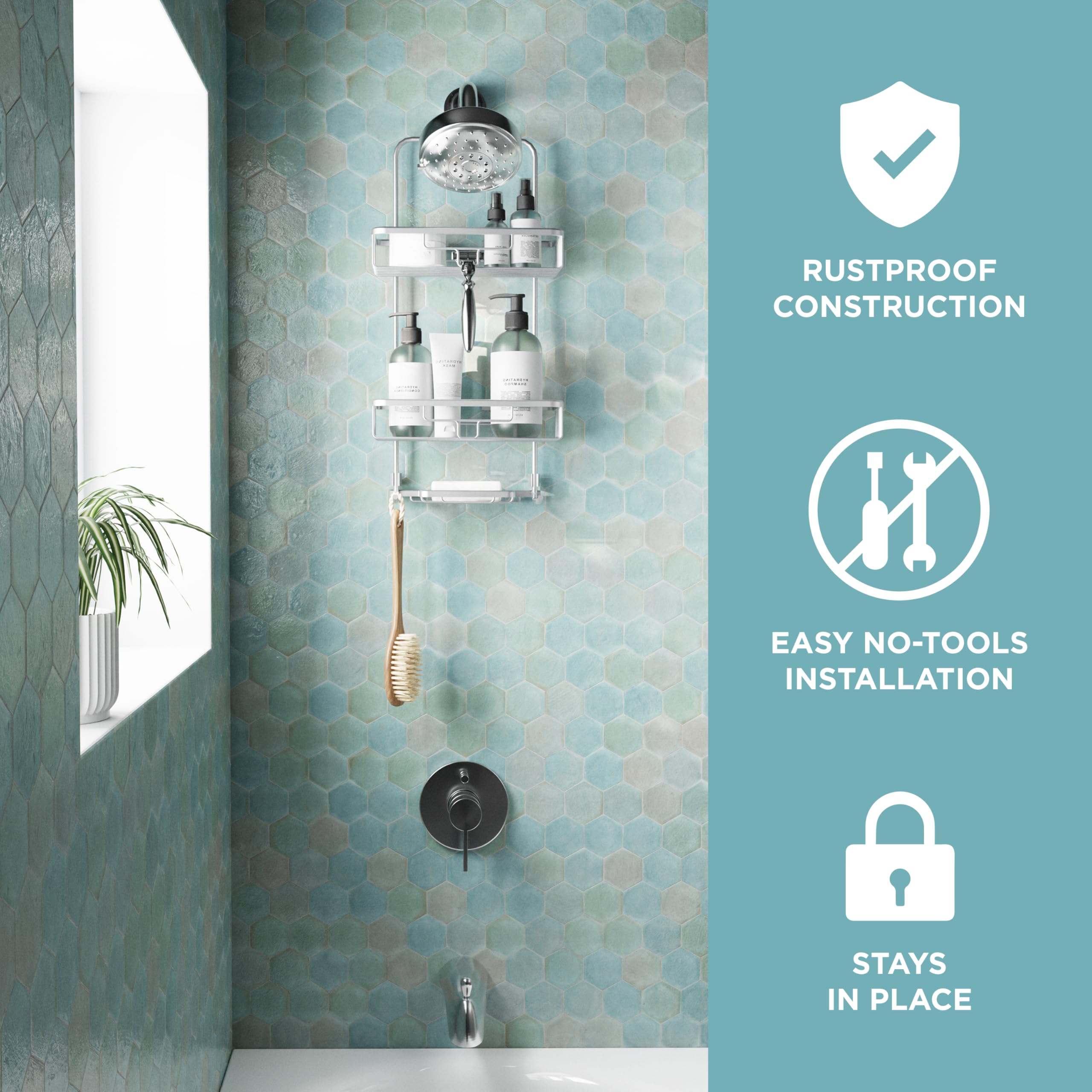 Zenna Home Hanging Shower Caddy  Over the Shower Head Bathroom Storage  Rustproof  No Drilling  Bath Organizer with 2 Shelves  Soap Tray  Razor Holders and Hooks  Satin Chrome