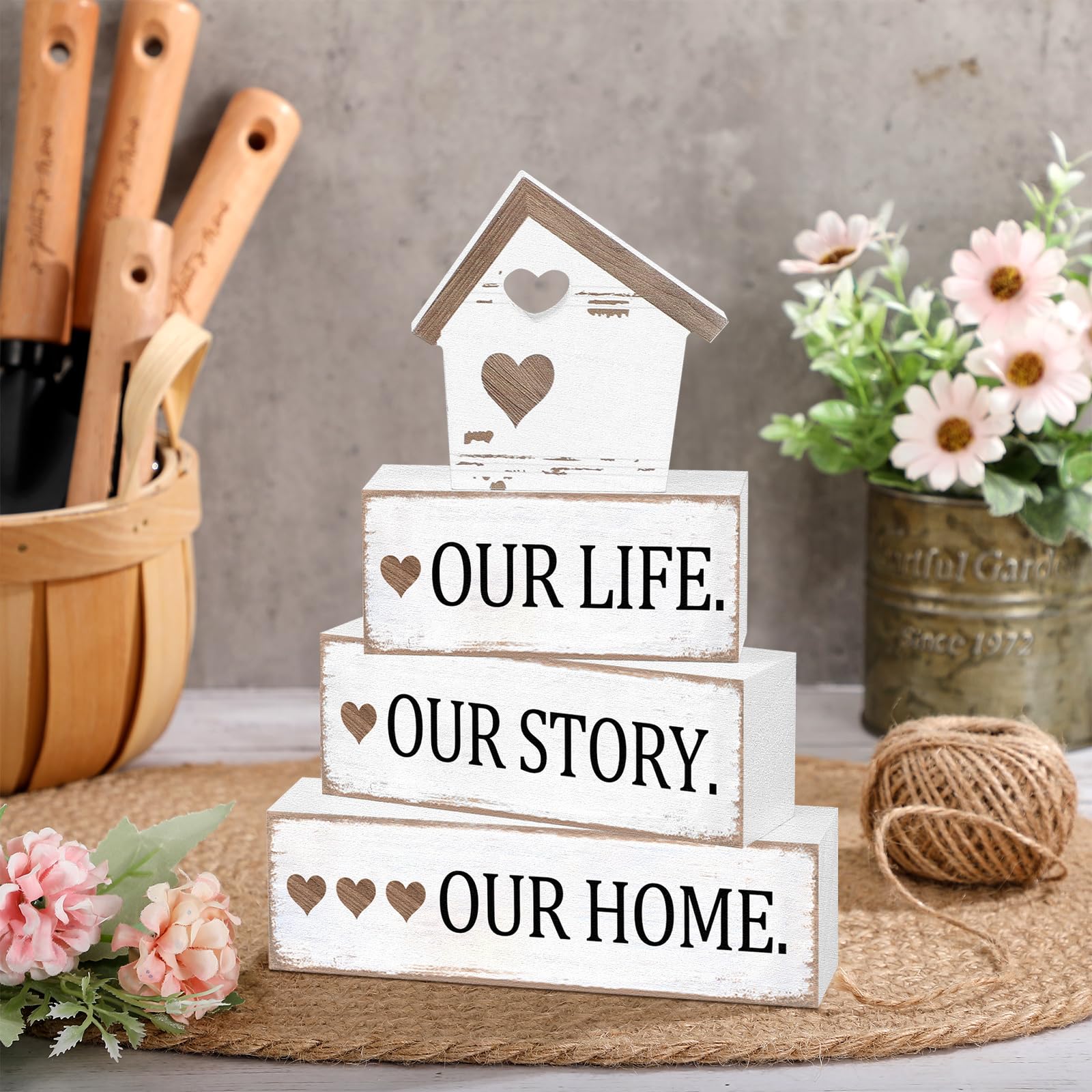 Cinnvoice Farmhouse Wooden Tabletop Decor Home Tiered Tray Decor Rustic Distressed Our Life Story Home Wood Sign Neutral Decorat