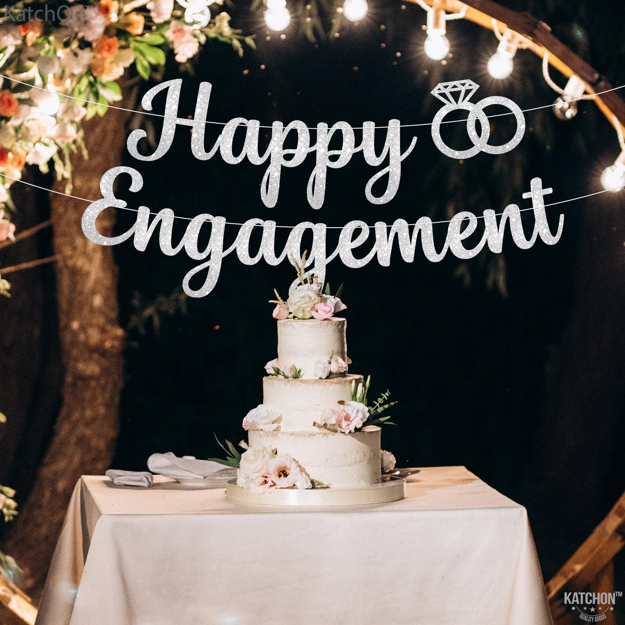Katchon, Silver Glitter Happy Engagement Banner - 10 Feet, No Diy | Engagement Party Decorations | Engagement Party Banner | Hap
