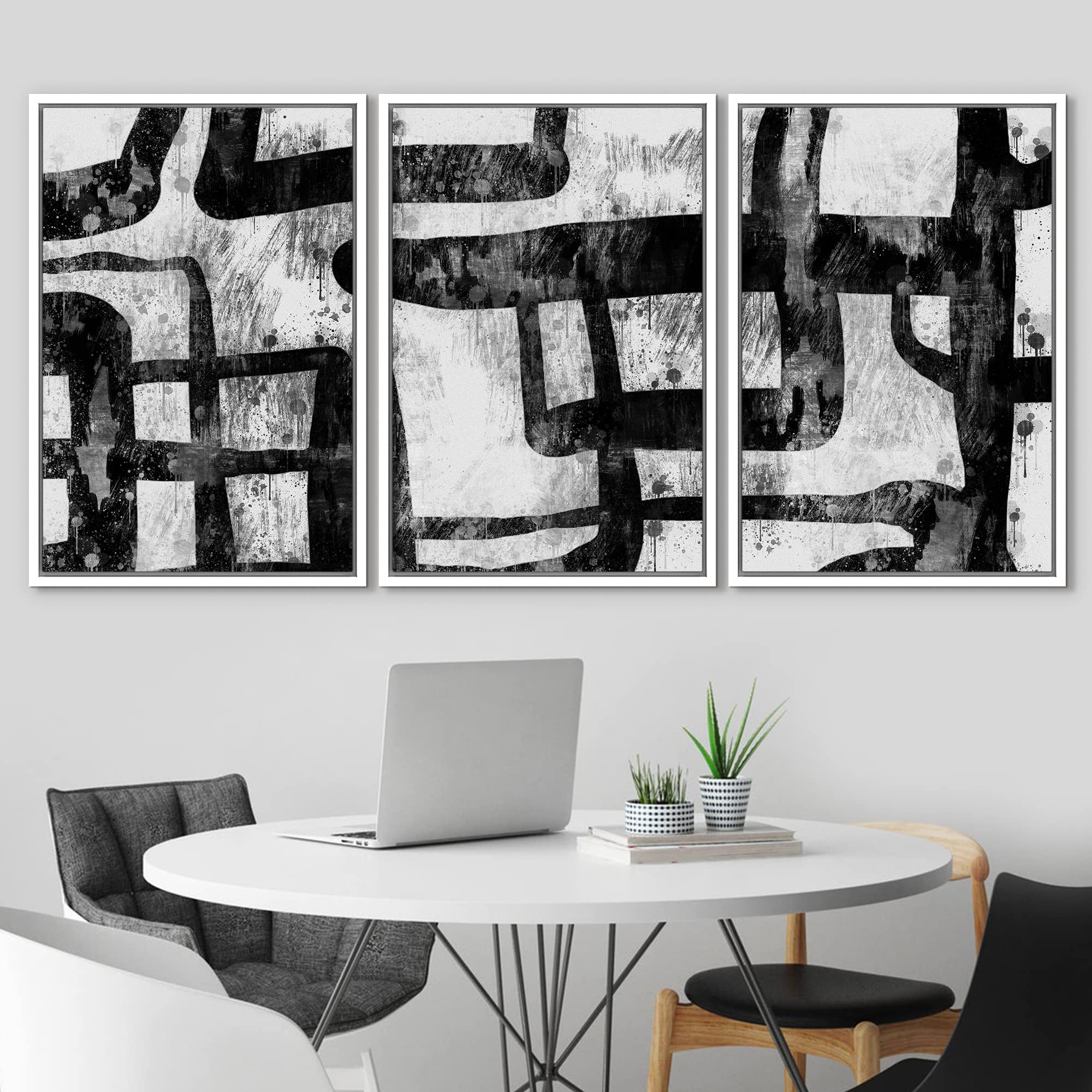 Idea4Wall Framed Wall Art Print Set Industrial Black & White Swirling Line Art Pattern Abstract Shapes Illustrations Modern Art