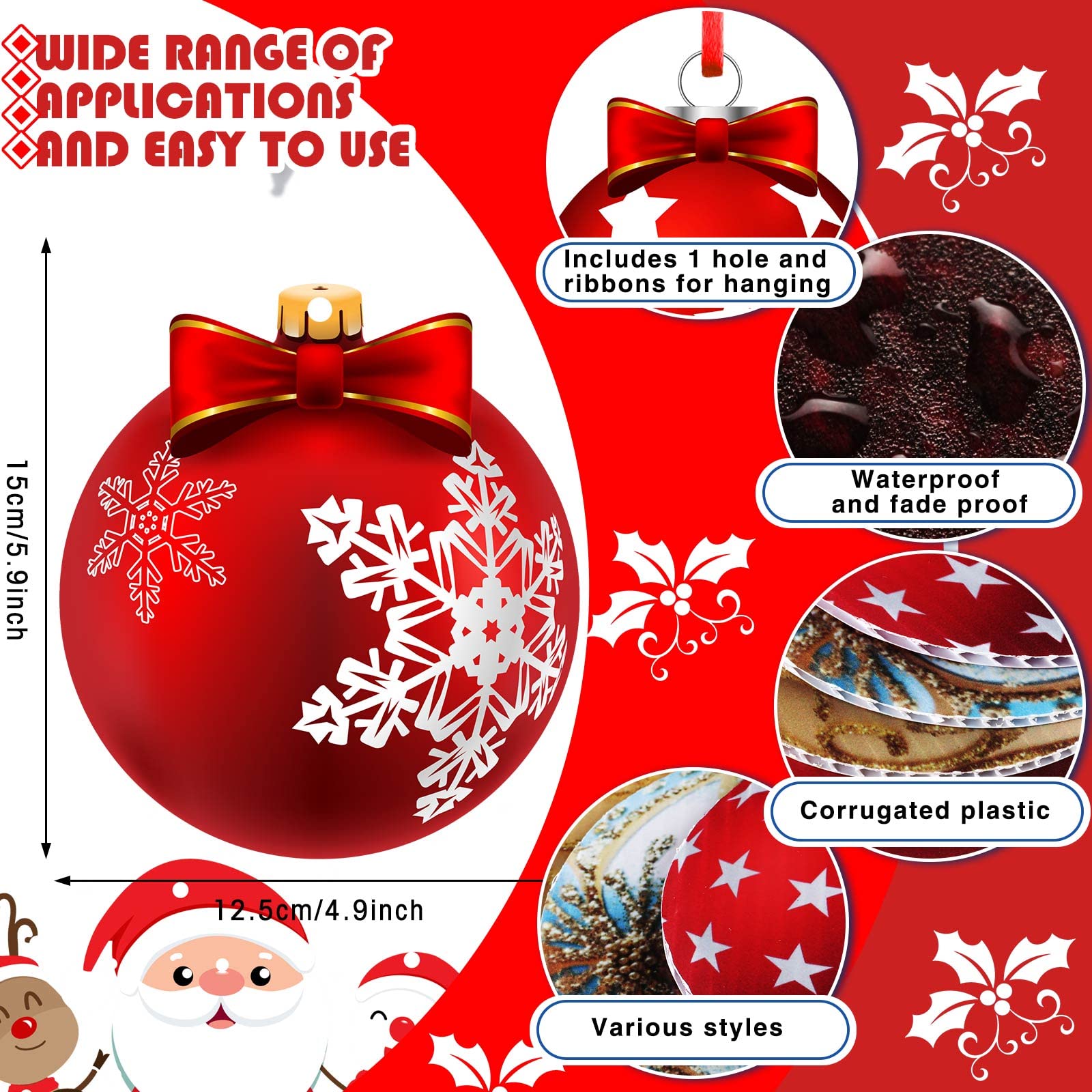 Rtteri 30 Pcs Large Christmas Ball Shape Ornaments for Outdoor 4.9 Inch Double Sided Plastic Christmas Hanging Ornaments Balls f